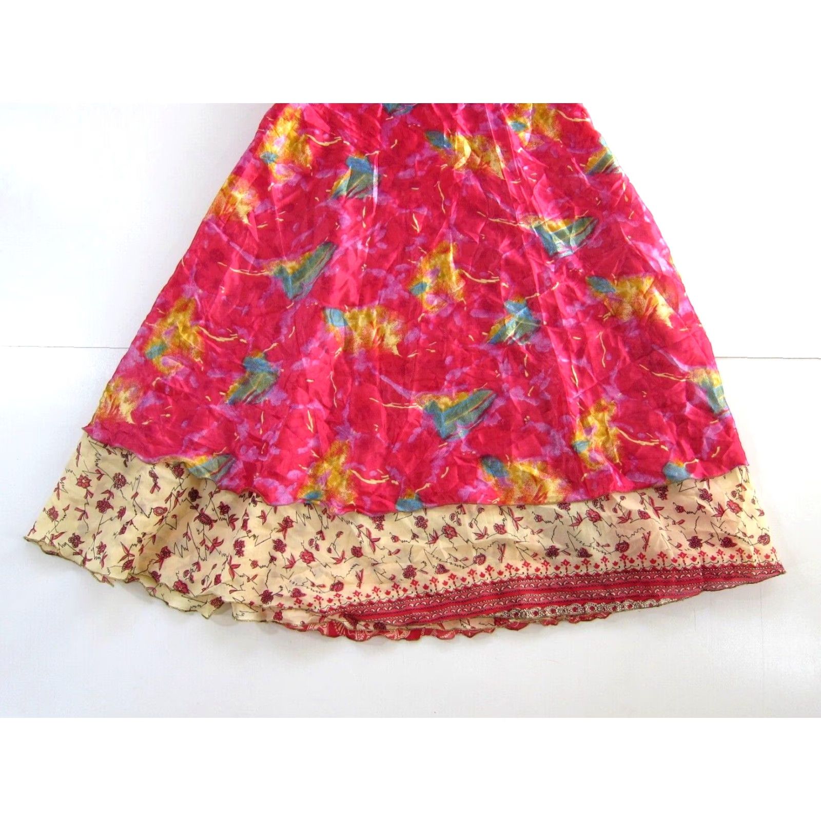 Pinko VINTAGE India Silk Pink Green Yellow Floral Reversible long Maxi Wrap Skirt OS Size 42" / US 20 - 7 Thumbnail
