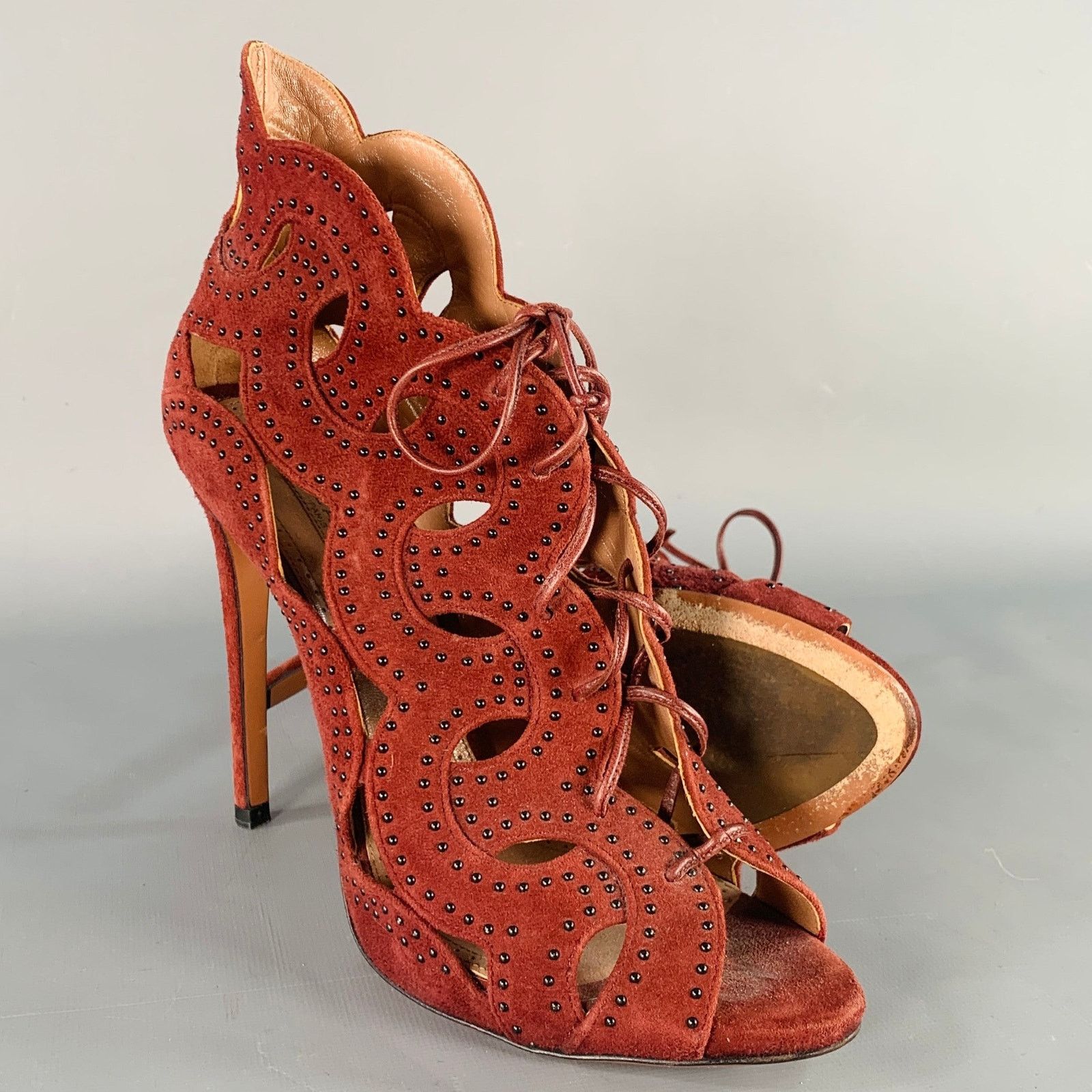 Alaia ALAIA Size 9.5 Burgundy Suede Studded Cutout Lace-Up Sandals Size US 9.5 / IT 39.5 - 5 Thumbnail