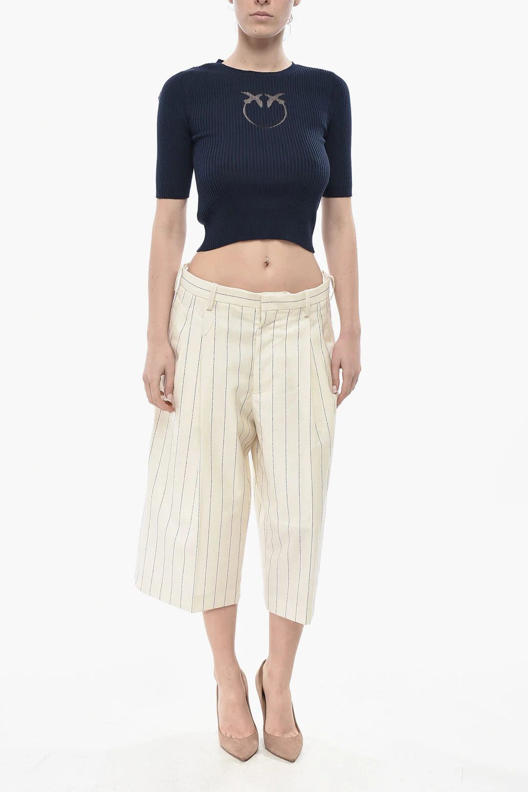 Marni og1mm0326 Virgin Wool Pinstripe Gaucho Pant in Beige Size 28" / US 6 / IT 42 - 4 Thumbnail