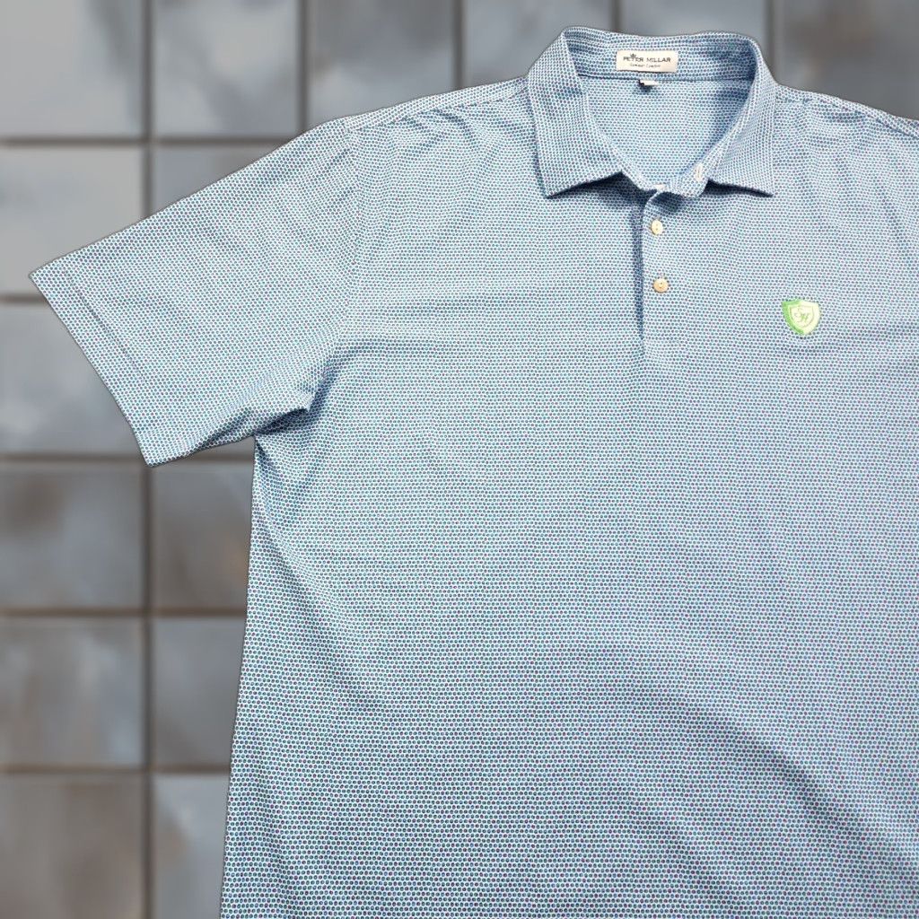 Peter Millar Peter Millar Polo Shirt Mens Large Summer Comfort Golf Logo Stretch Lightweight Blue Geometric 3-Button Classic Casual Sports Mens Size US L / EU 52-54 / 3 - 1 Thumbnail