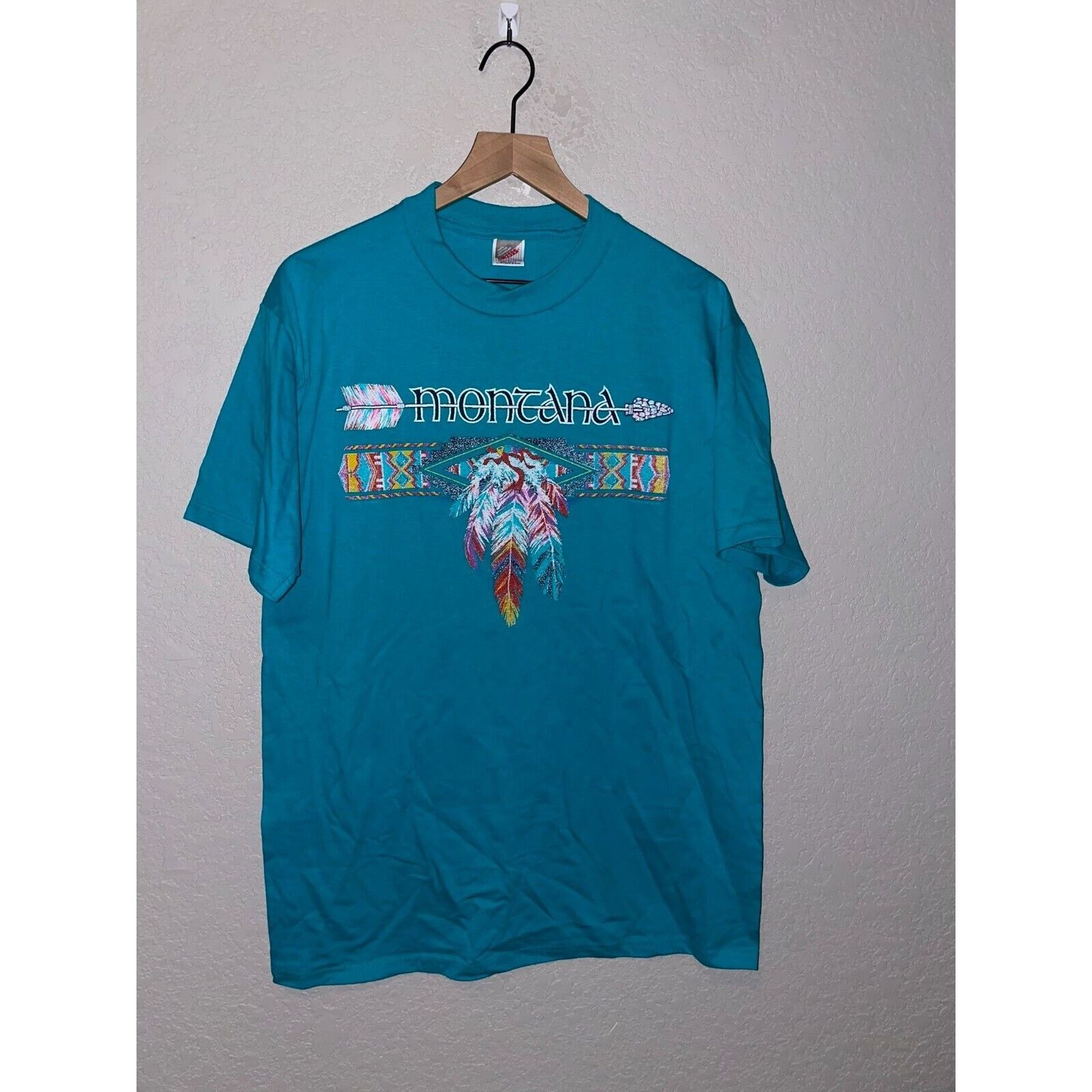 Jerzees Vintage Native American Shirt Montana Teal Tee VTG 90s Large Size US L / EU 52-54 / 3 - 1 Thumbnail