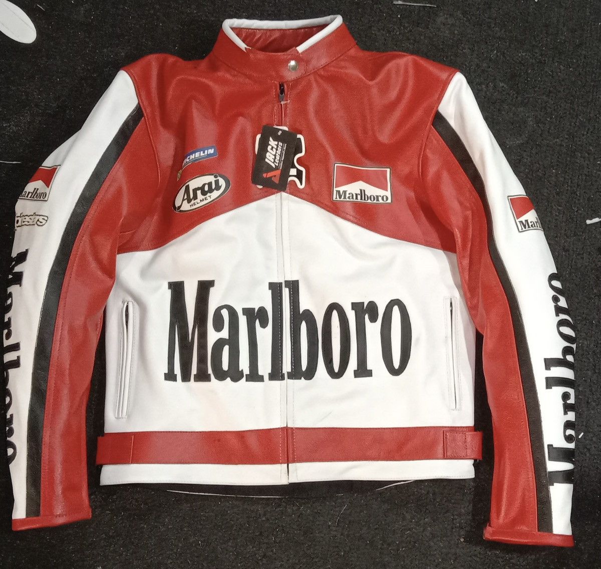 image of Genuine Leather x Marlboro Vintage Men’S Red And White Marlboro Motorcycle Jacket in Red/White (Siz