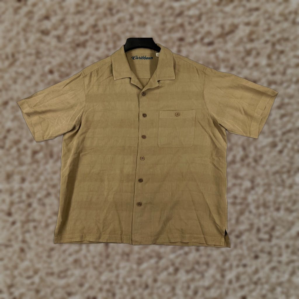 Vintage Caribbean Men's Large Beige Short Sleeve Button-Up Shirt Geometric Pattern 100% Silk Aloha Outdoor Size US L / EU 52-54 / 3 - 1 Thumbnail