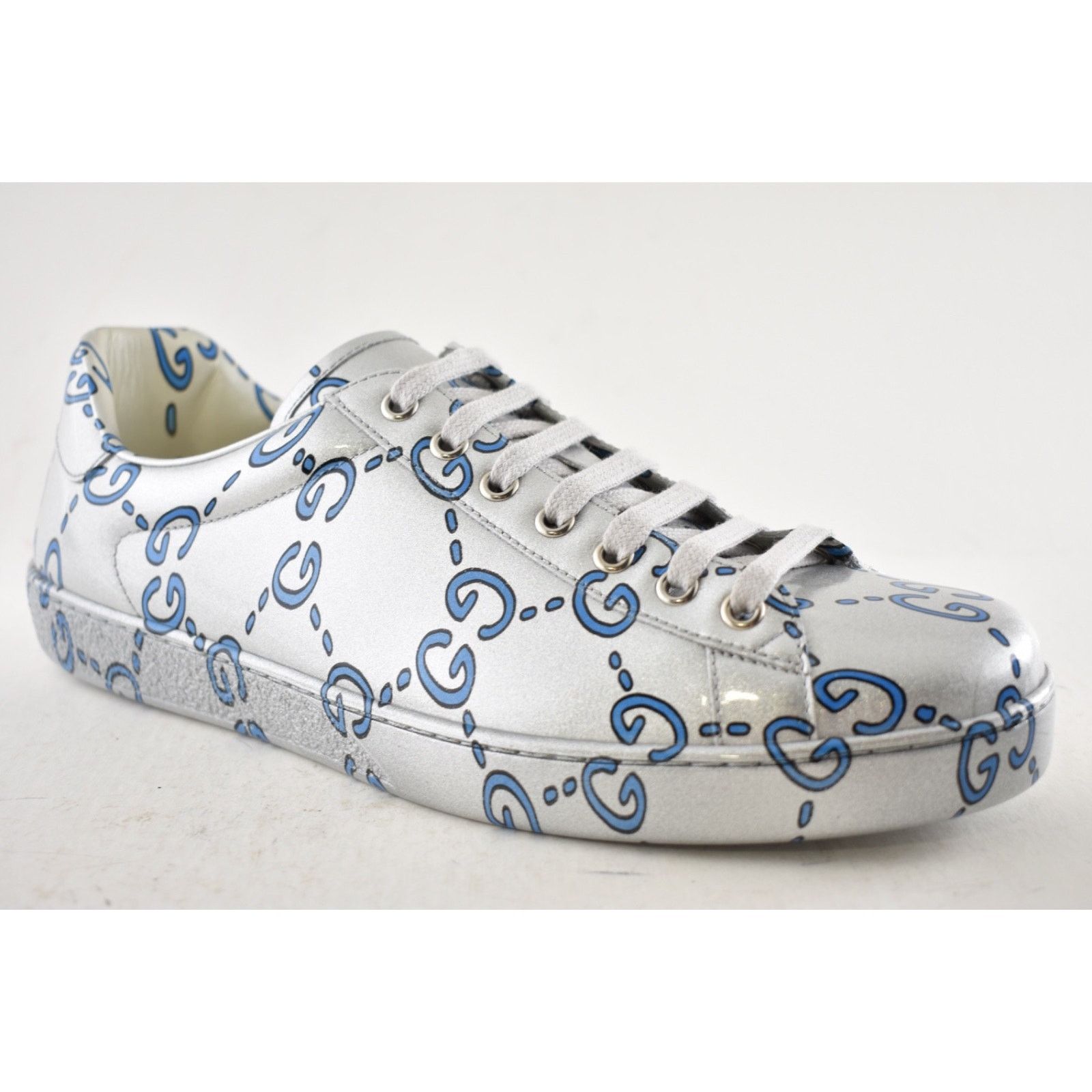 Gucci Gucci New Ace Silver Blue Ghost GG Leather Sneakers 9.5/10.5 Size US 10.5 / EU 43-44 - 5 Thumbnail