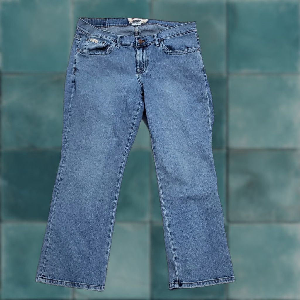 Denime Z Cavaricci Jeans Women 16 Blue Mid Rise Cropped Straight Leg Denim Y2K Vintage No 5-Pocket Design Embroidered Logo Button Zip Stretch Cotton Spandex Size 38" / US 16 / IT 52 - 1 Thumbnail