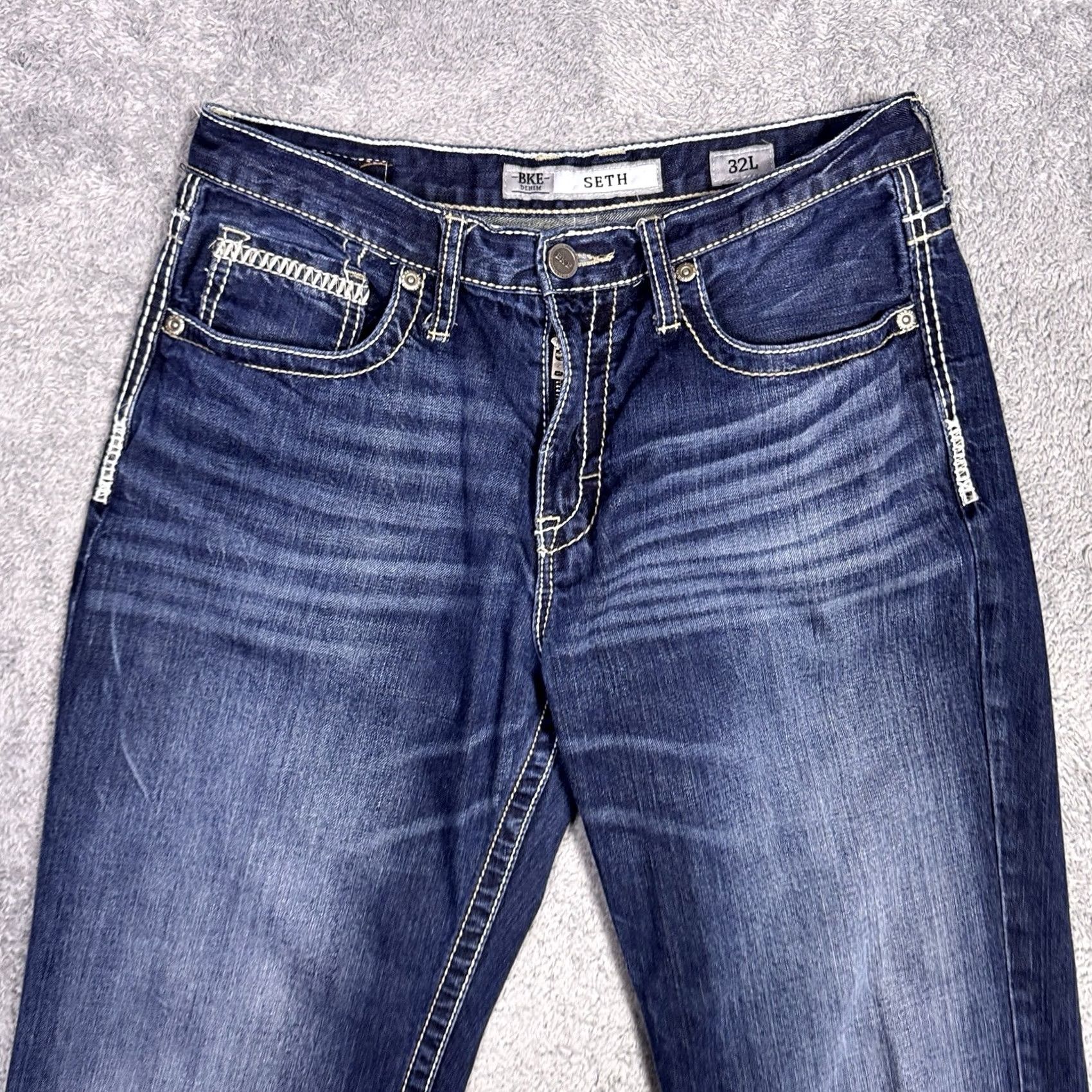 BKE BKE Seth Jeans Mens 32L Denim Bootcut 100% Cotton Blue Regular 5-Pocket Whisker Embroidered Logo Vintage No Size US 32 / EU 48 - 3 Thumbnail