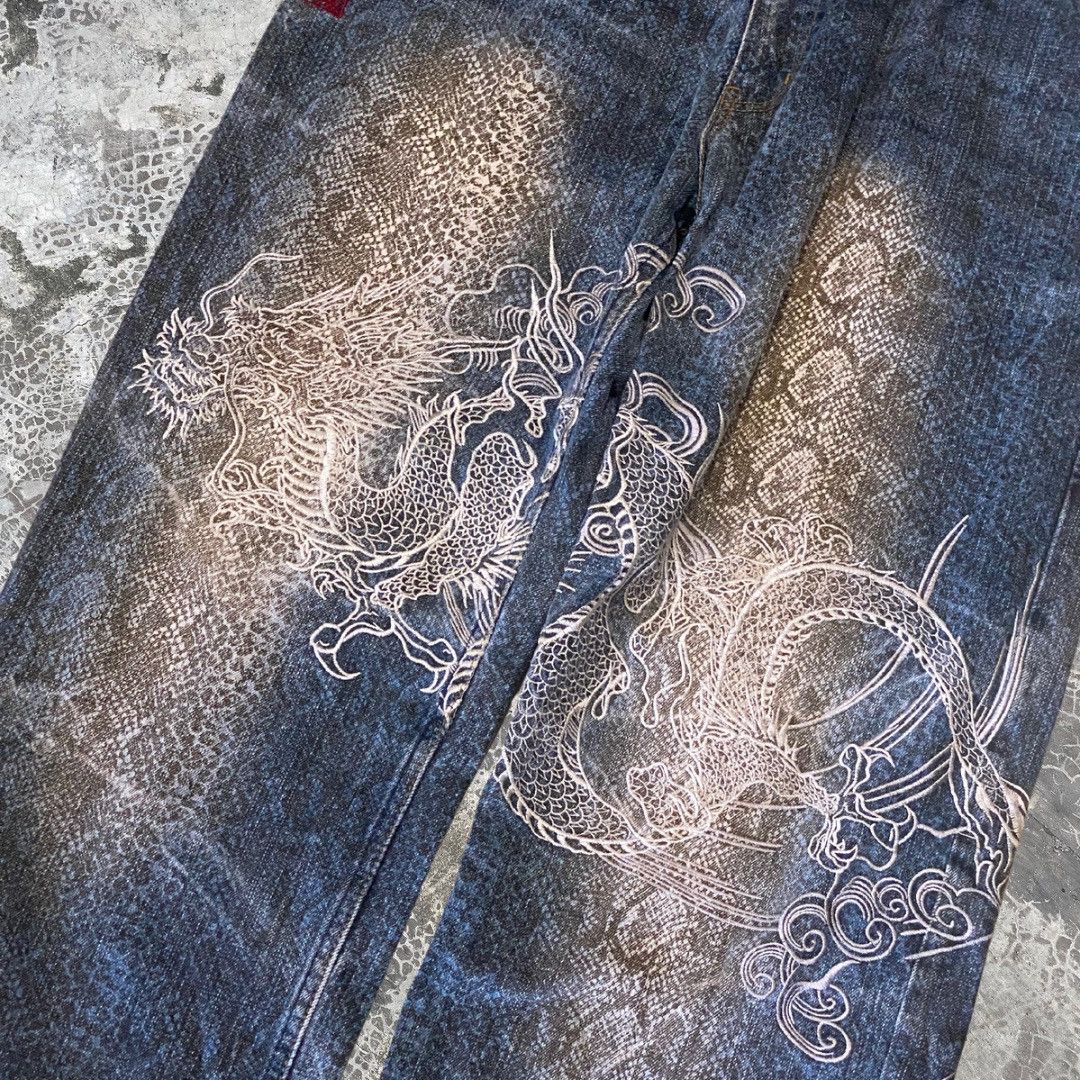 Japanese Brand Karakuri Tamashi Double Dragon Fight Embroidered Baggy Jeans Size US 34 / EU 50 - 2 Thumbnail