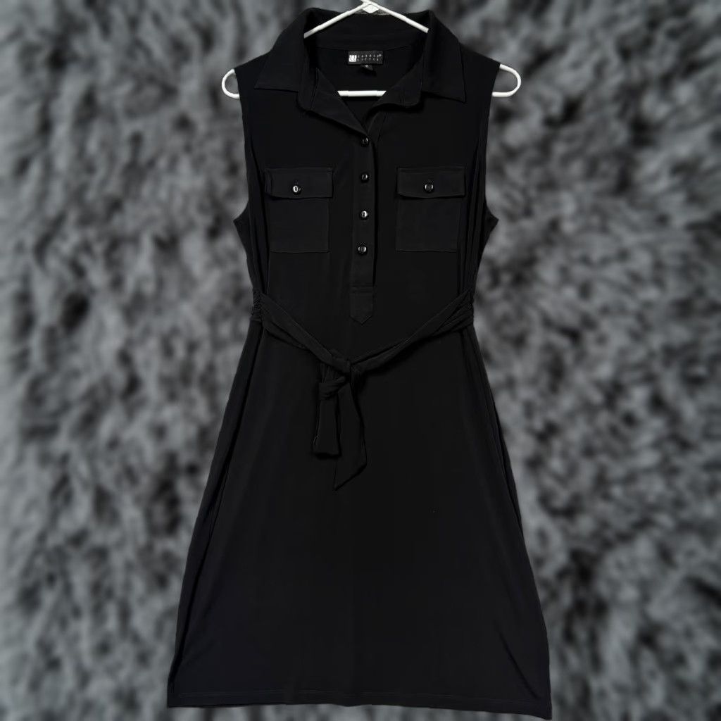 Vintage Vintage Carole Little Shirt Dress 10 Women Sleeveless Belted Collared Knee Length Black Jersey Knit Lined Workwear Office Casual Size L / US 10 / IT 46 - 1 Thumbnail