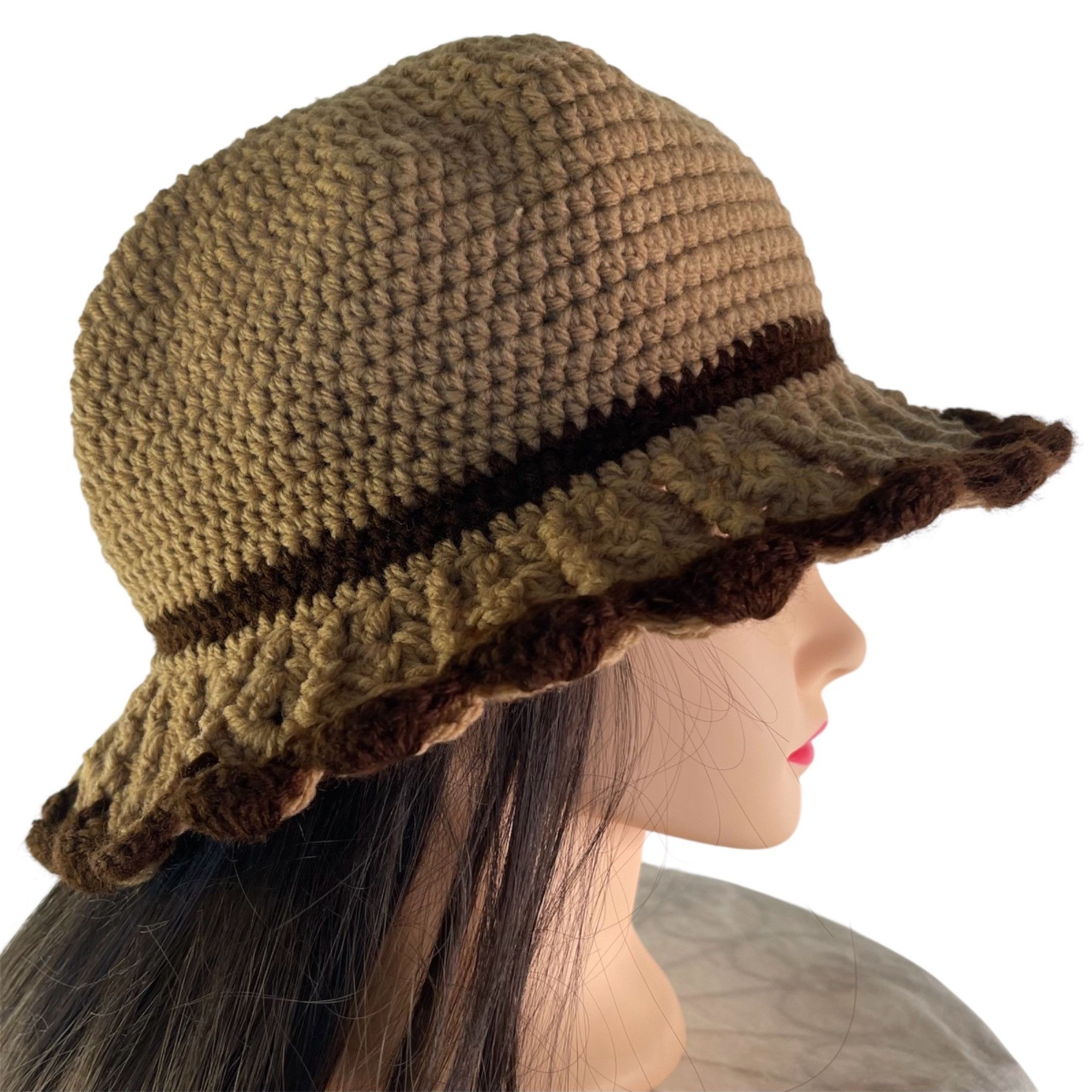 Handmade Crochet Bucket Hat Retro Cloche Style Tan and Brown Handmade Size ONE SIZE - 3 Thumbnail