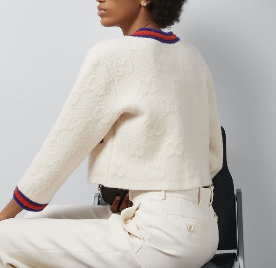 Gucci Gucci Felted GG Fine Wool Cardigan Ivory/Blue/Red Size M Size M / US 6-8 / IT 42-44 - 3 Thumbnail