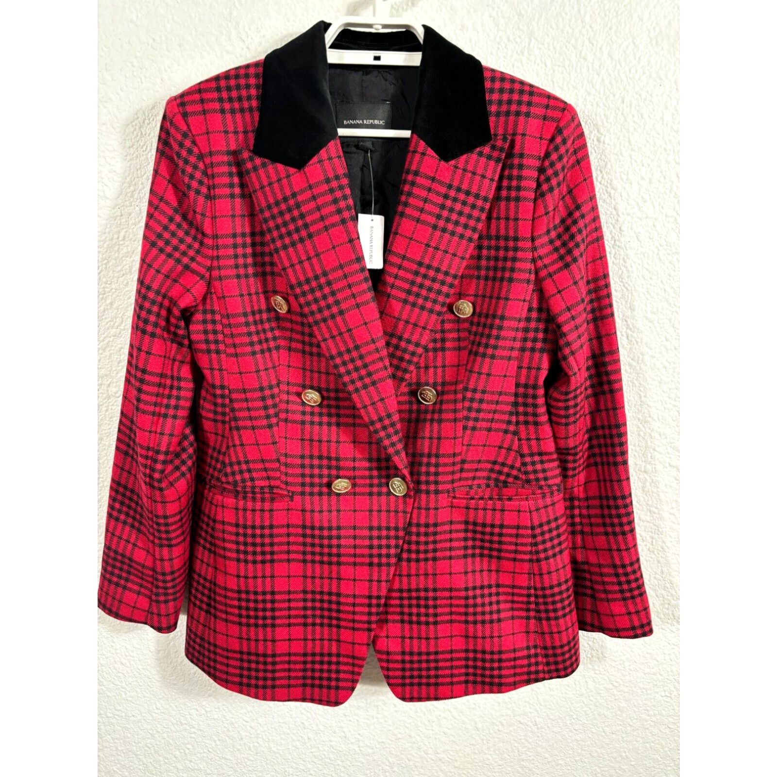 image of Banana Republic Red Plaid Captains Blazer Size 6 Wool Sculptured Fit Preppy NWT in White, Women's