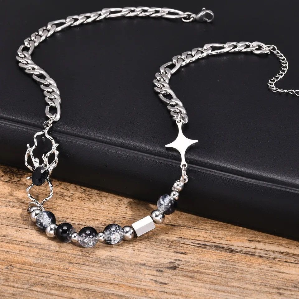 Jewelry 8MM Glass Beads Chain Necklaces Figaro Chain Choker Collar Size ONE SIZE - 2 Thumbnail