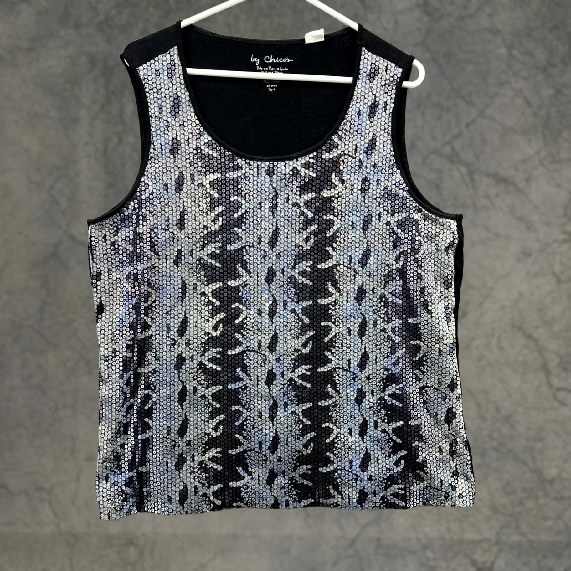 Vintage Chico's Shirt Womens 3 Black Tank Top Sleeveless Sequins Silver Geometric Lined Size XS / US 0-2 / IT 36-38 - 1 Thumbnail