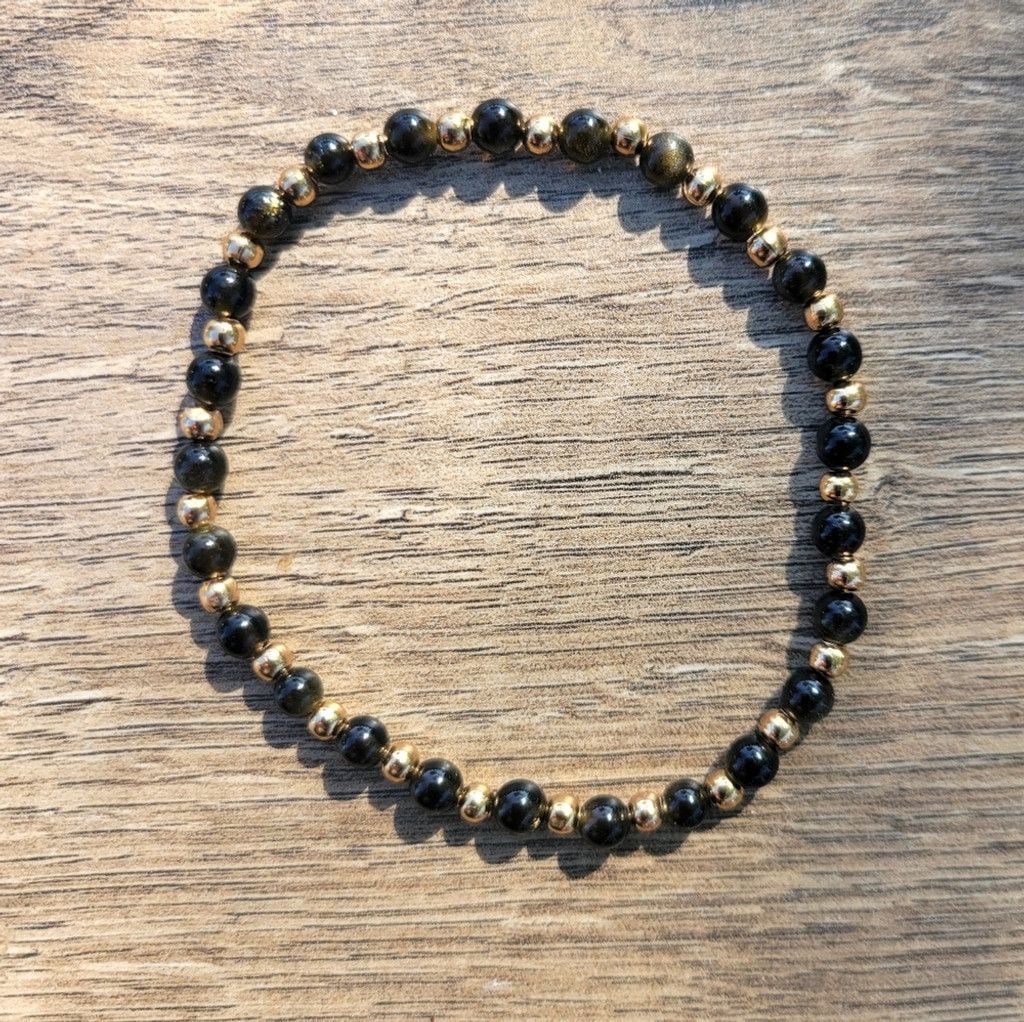 Handmade Natural Gemstone Golden Obsidian 4mm Dainty Beaded Bracelet Size ONE SIZE - 3 Thumbnail