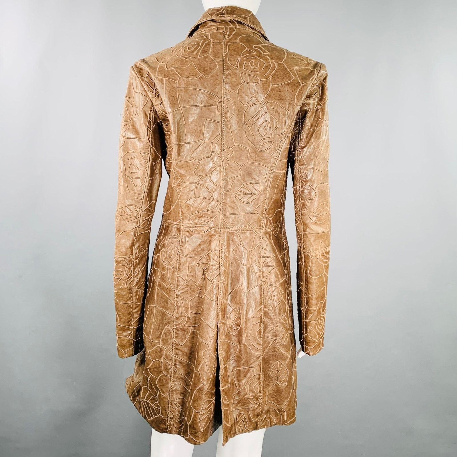 Emporio Armani Brown Lambskin Leather Embroidered Single Breasted Coat Size M / US 6-8 / IT 42-44 - 3 Thumbnail