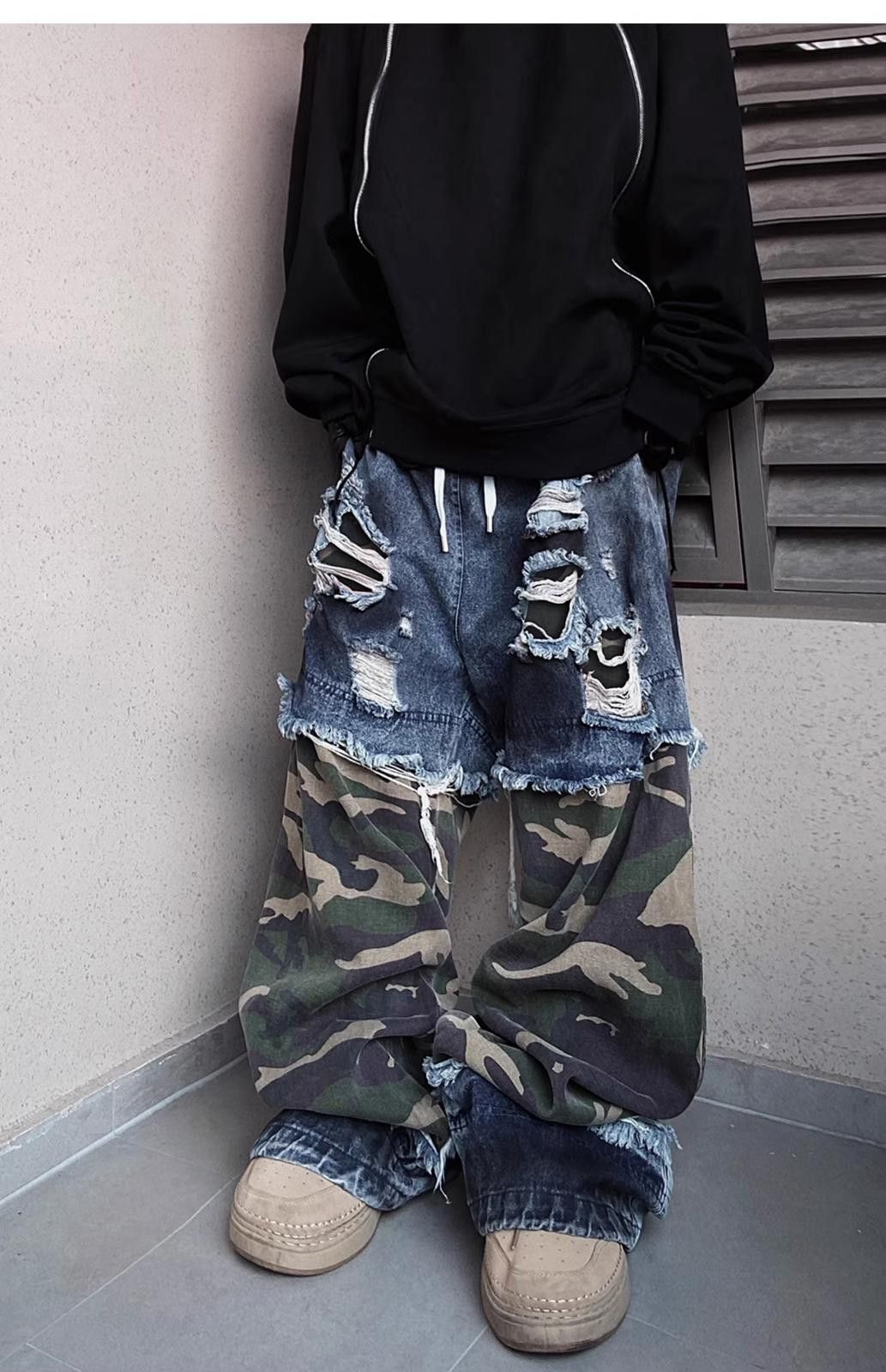 Oversized Ripped Denim Cargo Jeans
