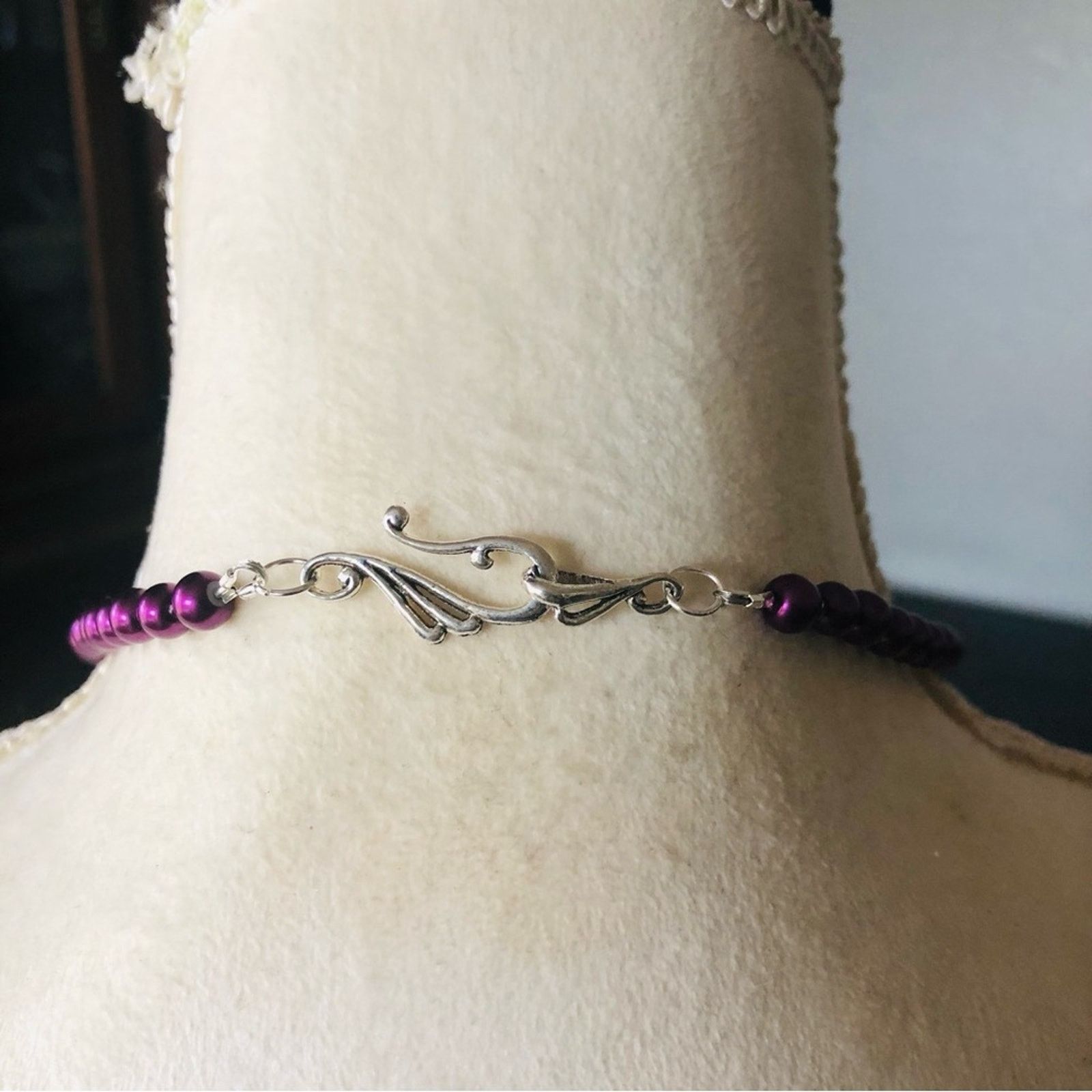 Handmade Handcrafted repurpose purple rose pendant Pearl necklace Size ONE SIZE - 8 Thumbnail
