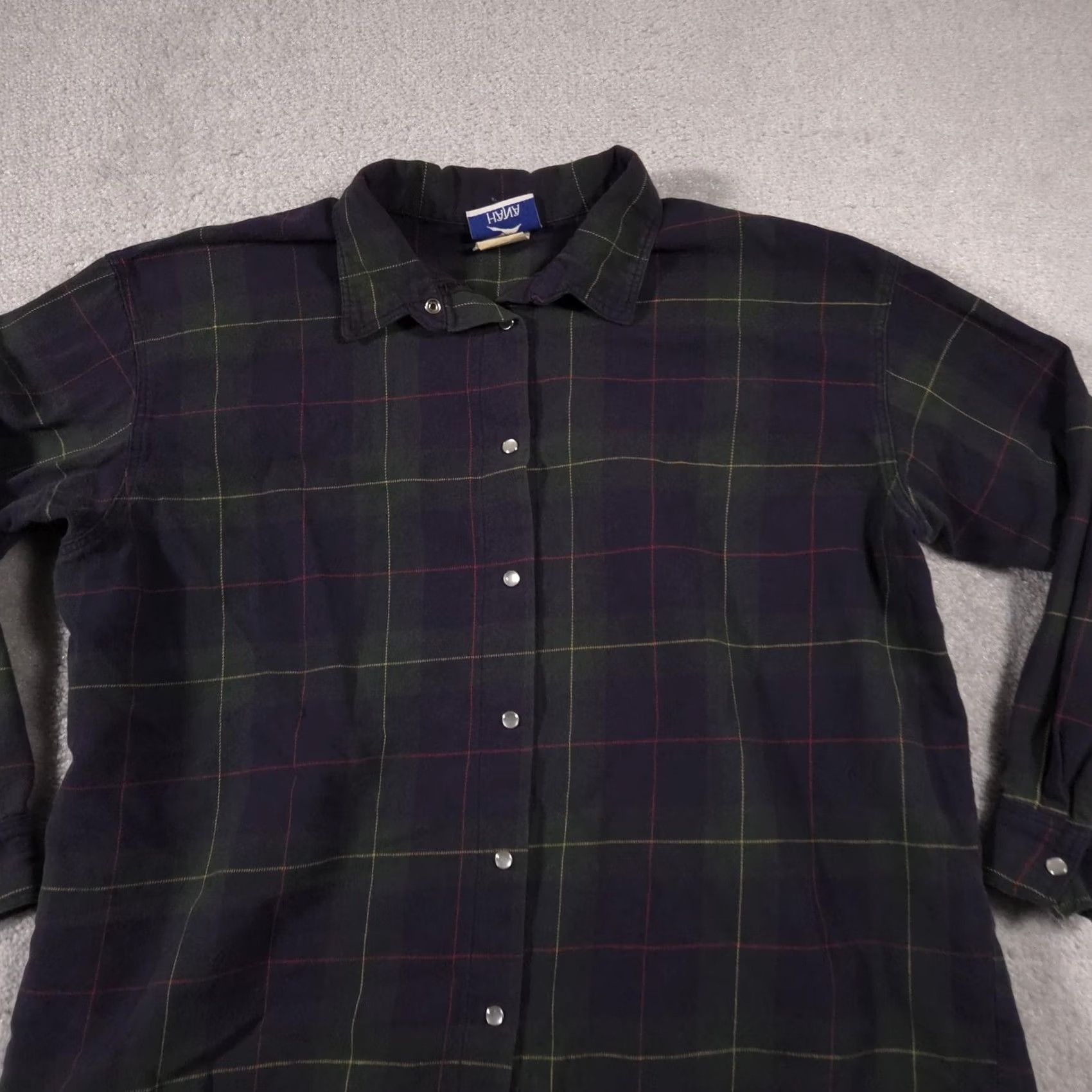 Vintage HANA Shirt Womens One Size Green Plaid Flannel Long Sleeve Pearl Snap Front Size ONE SIZE - 3 Thumbnail