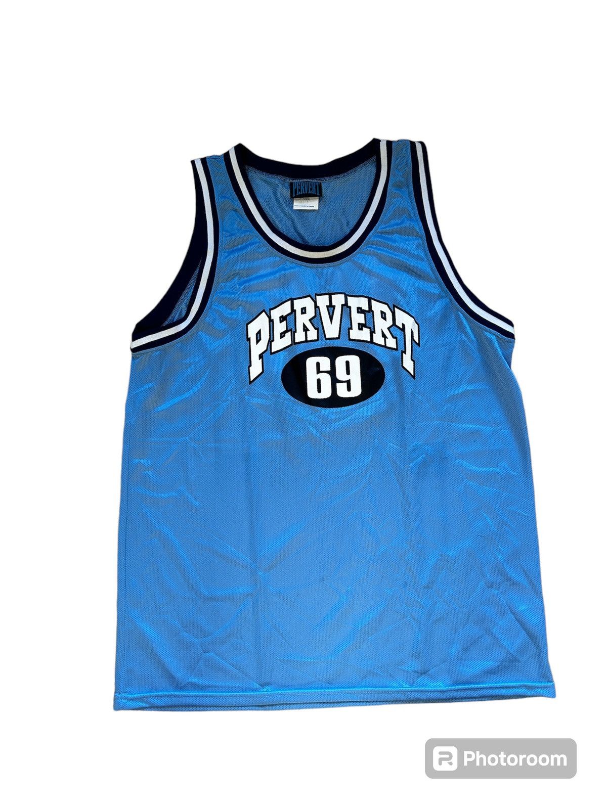 image of Pervert 69 90's Vintage Pornstar Jersey Tank Top Shirt in Baby Blue, Men's (Size 2XL)