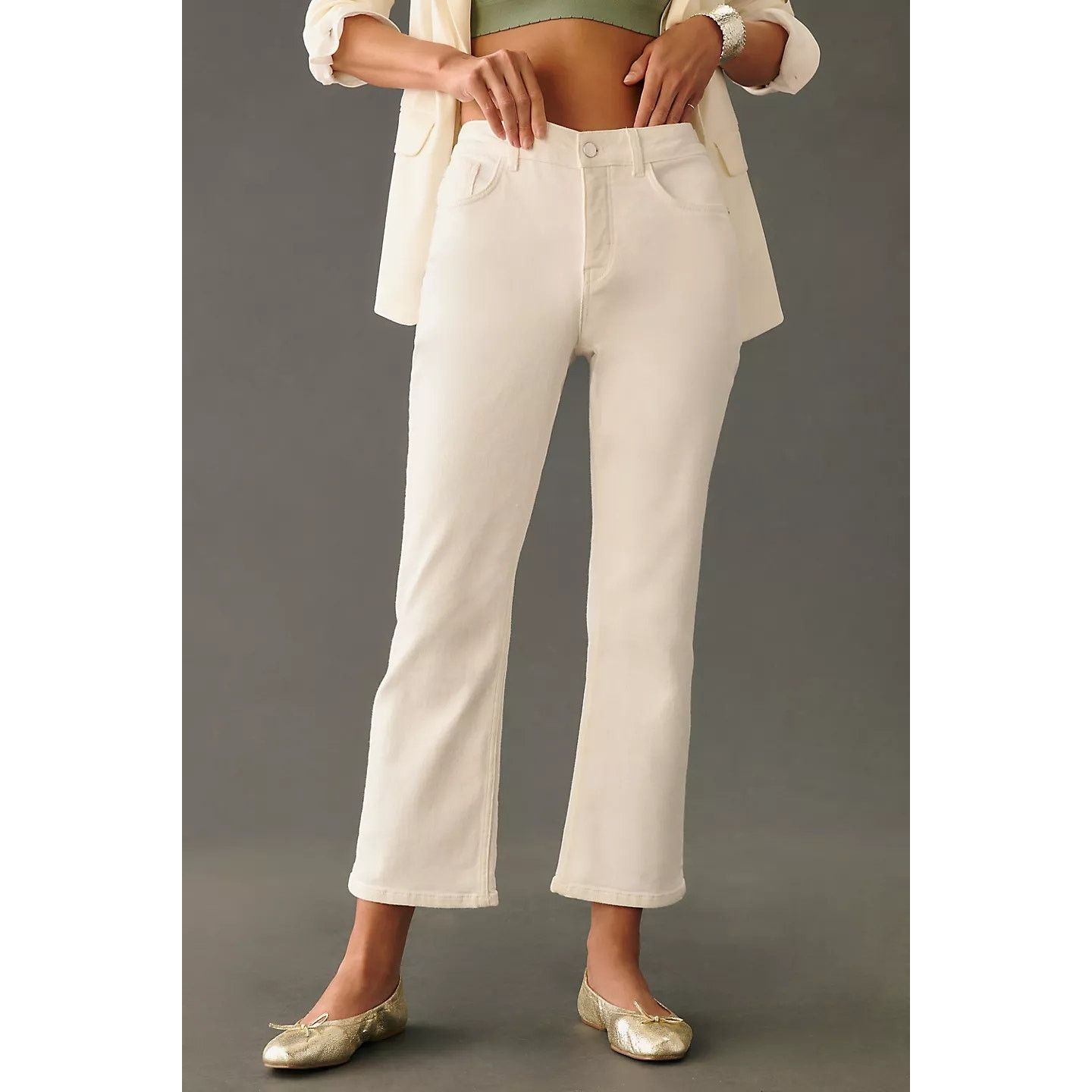 Anthropologie NWT Pilcro The Yaya Mid-Rise Crop Flare Jeans $148 WHITE 23T Size 23" - 3 Thumbnail
