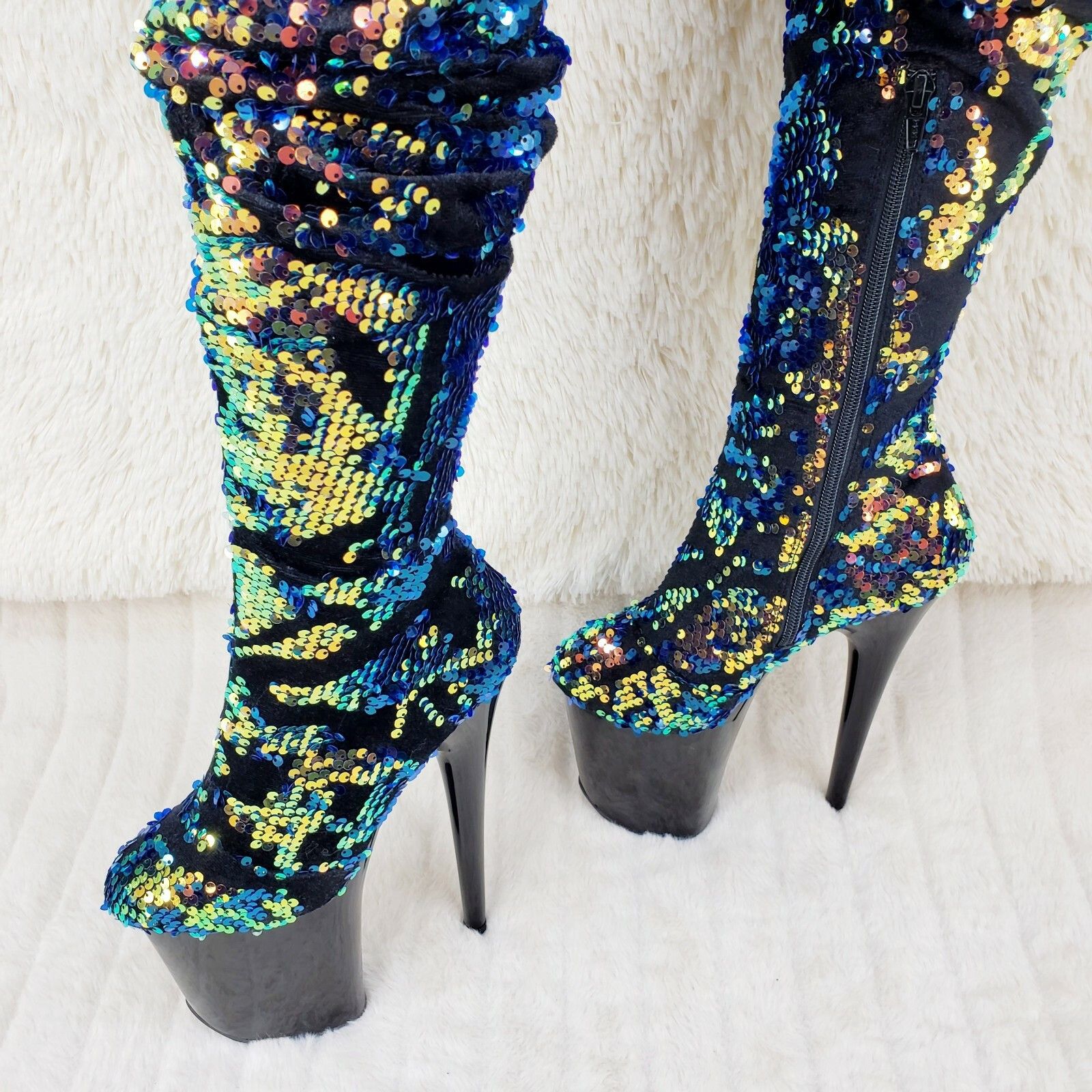 Other Flamingo 3004 Blue Sequin Slouchy Platform Thigh High Boots Size US 7 / IT 37 - 9 Thumbnail