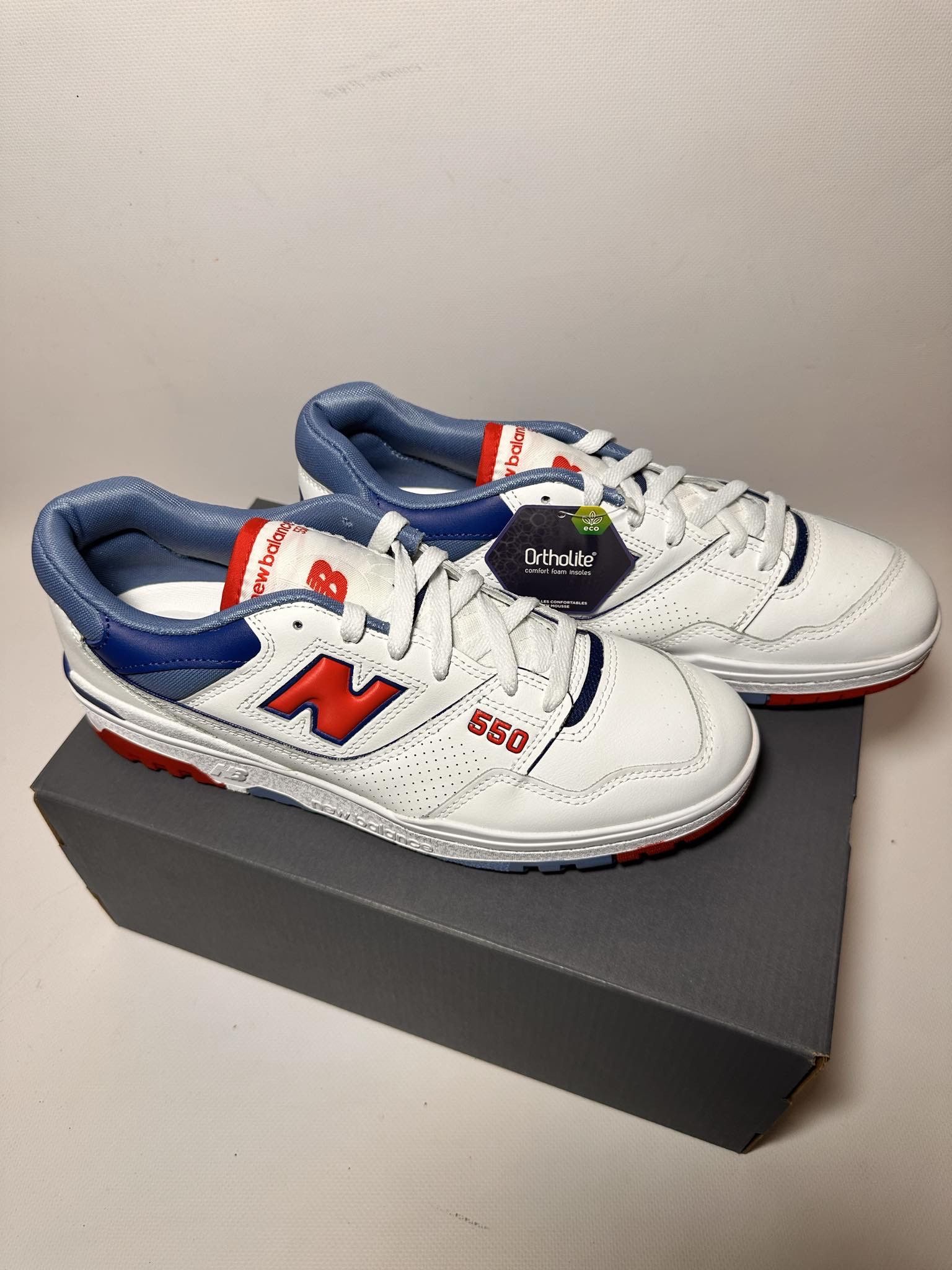 image of New Balance 550 White True Red Atlantic Blue Shoes in Blue White Red, Men's (Size 10)