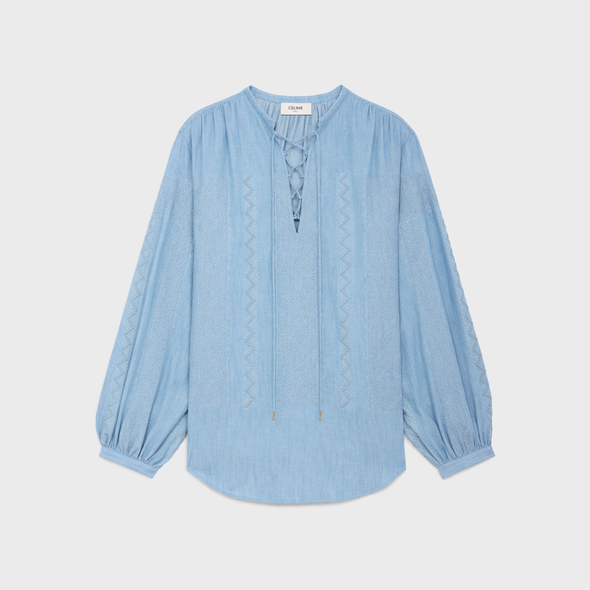 Celine EMBROIDERED ROMY BLOUSE IN CHAMBRAY COTTON navy/blue denim Size S / US 4 / IT 40 - 1 Thumbnail