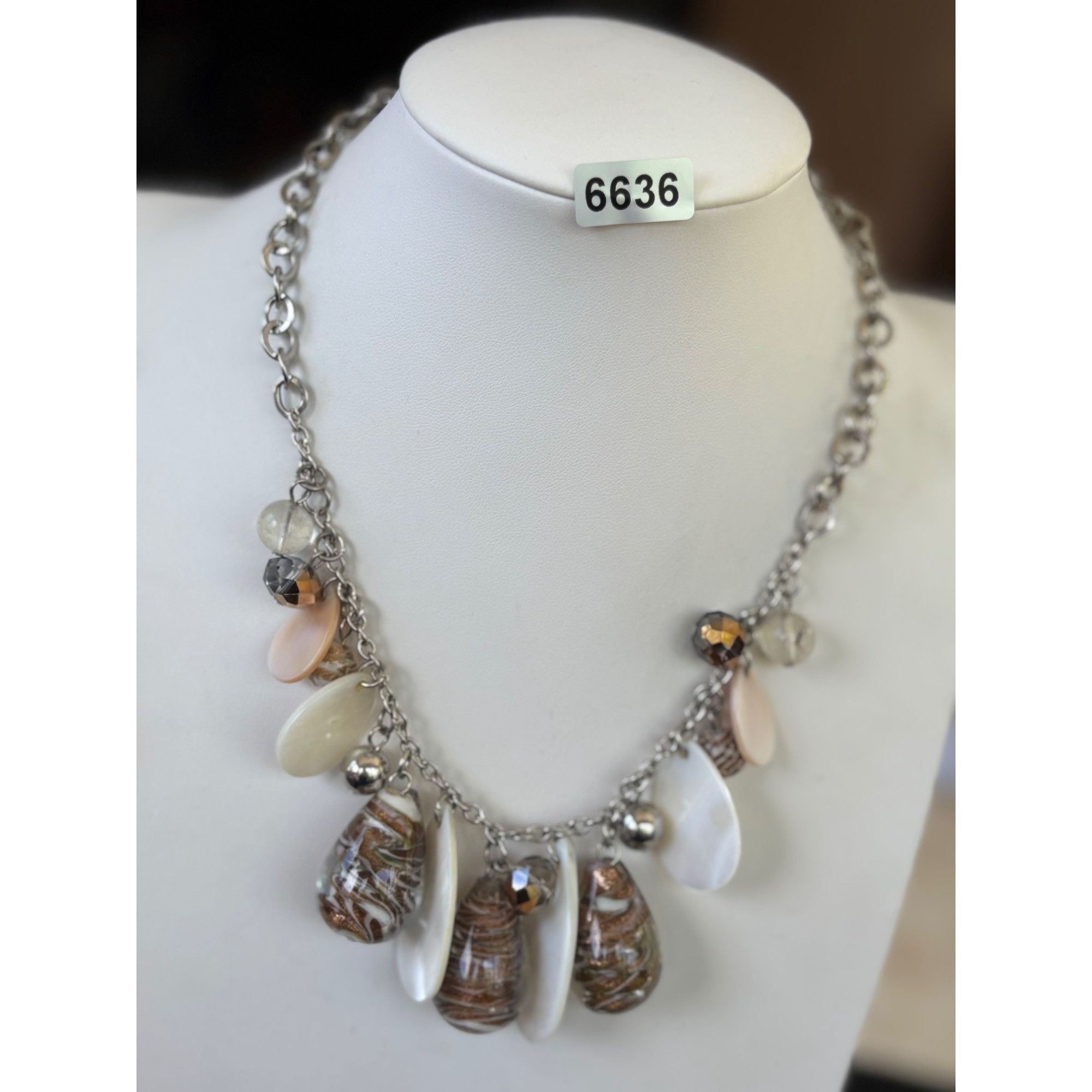 Other Chunky Silver Chain Necklace With Brown & White Beaded Charm Size ONE SIZE - 4 Thumbnail