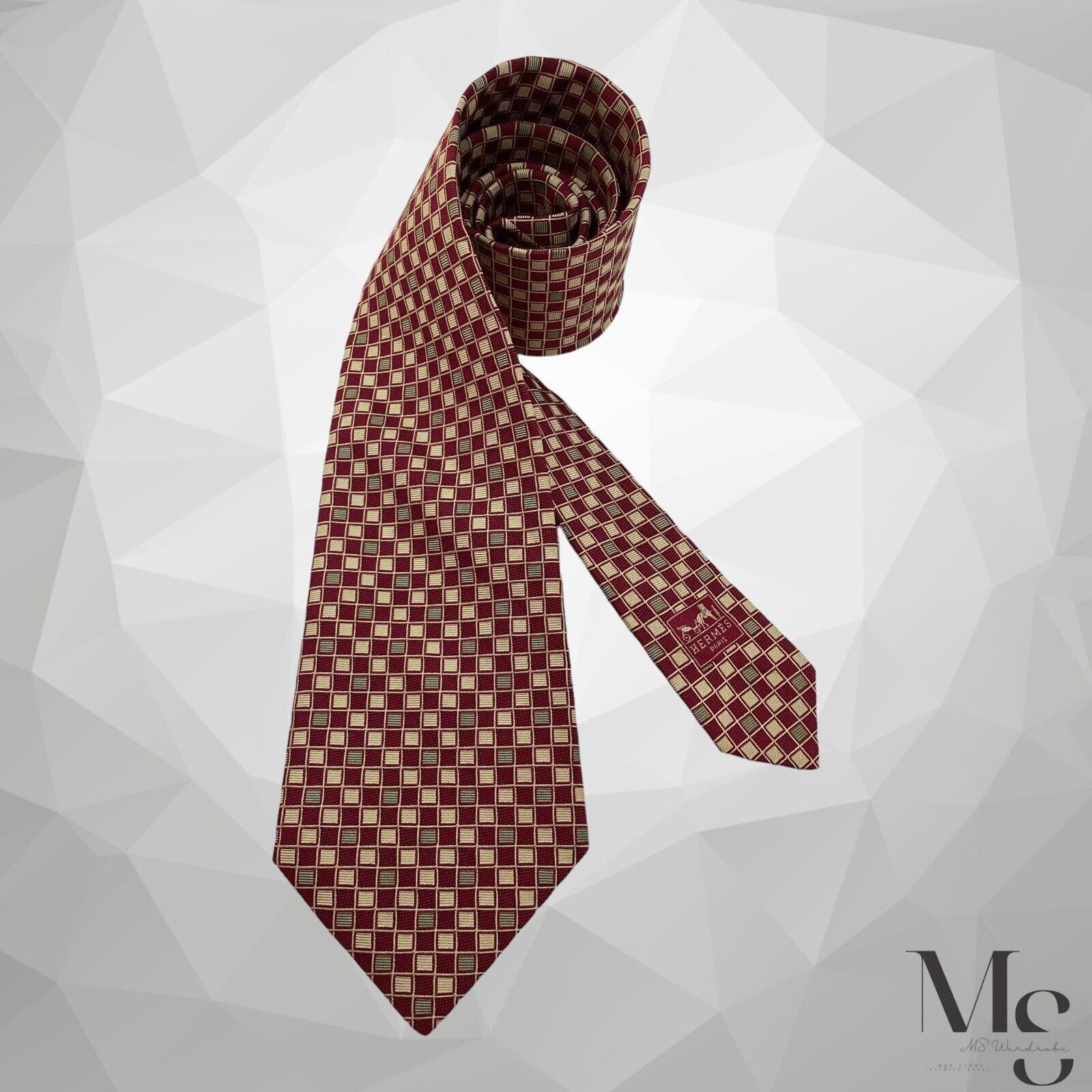 Hermes HERMES PARIS Burgundy & Yellow Geometric Silk Tie France Size ONE SIZE - 1 Thumbnail