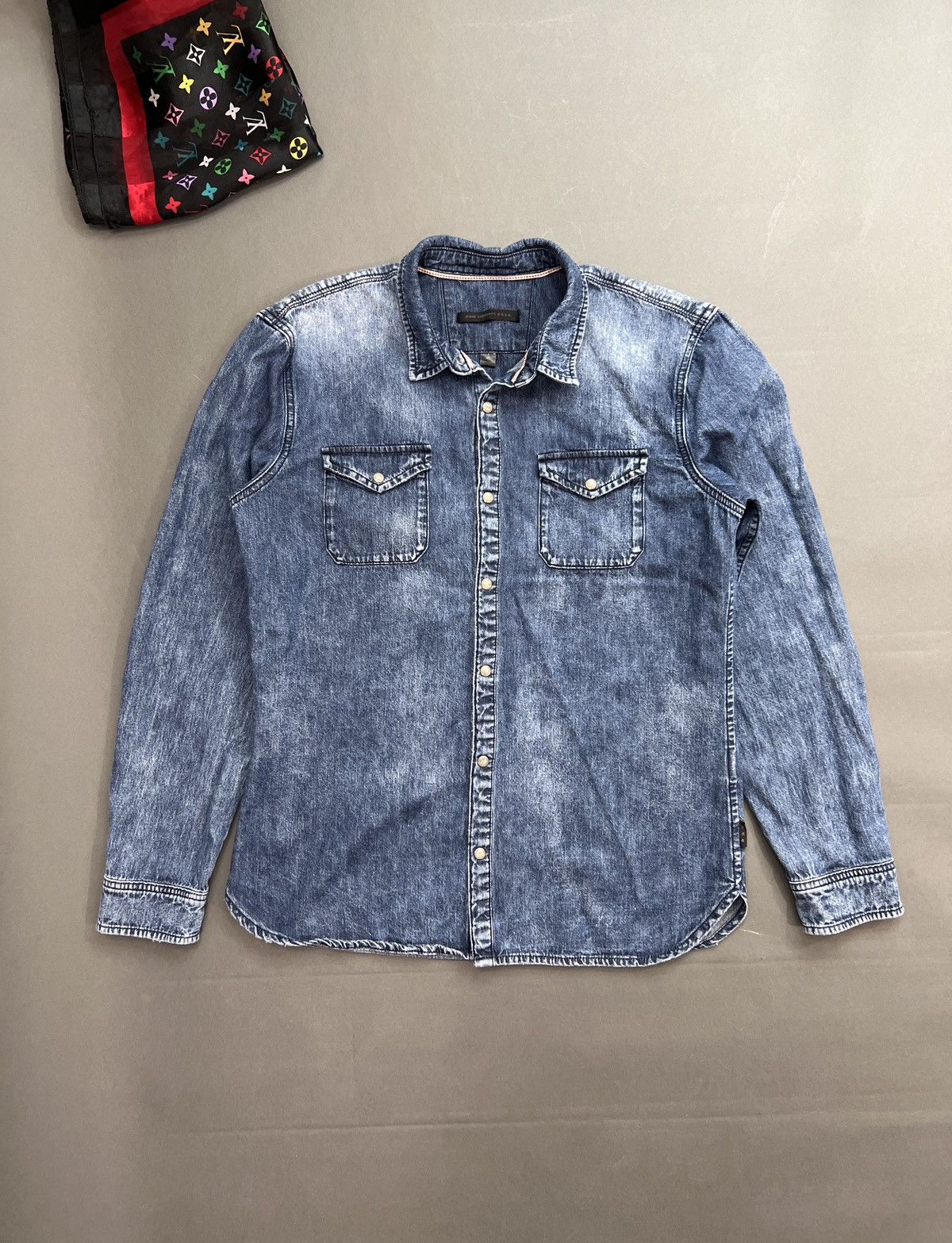 image of John Varvatos Selvedge Denim Snap Button Shirt in Blue, Men's (Size Medium)