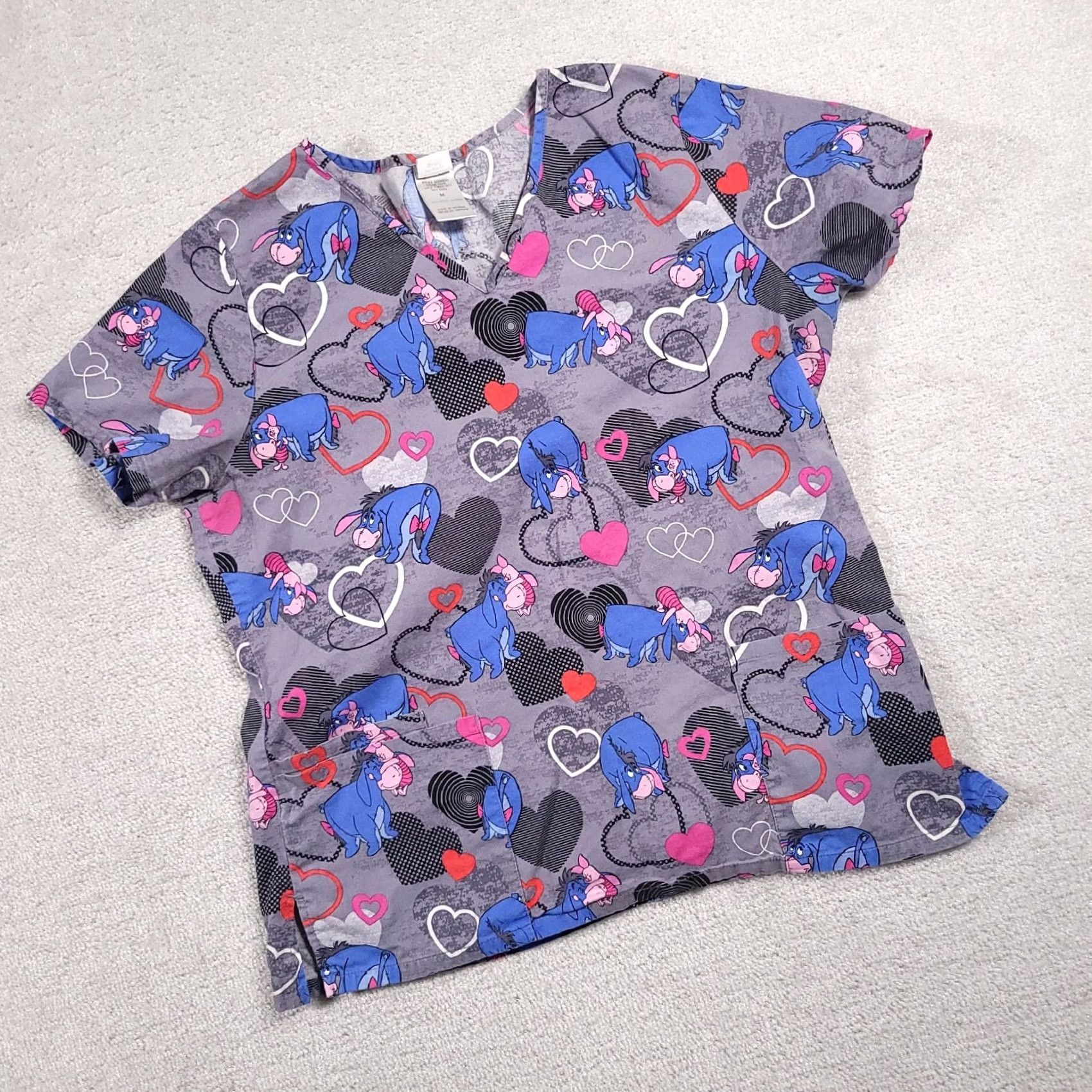 Disney Disney Scrub Top Womens M Gray Blue Short Sleeve Eeyore Piglet Nursing Medical Size XS / US 0-2 / IT 36-38 - 2 Thumbnail