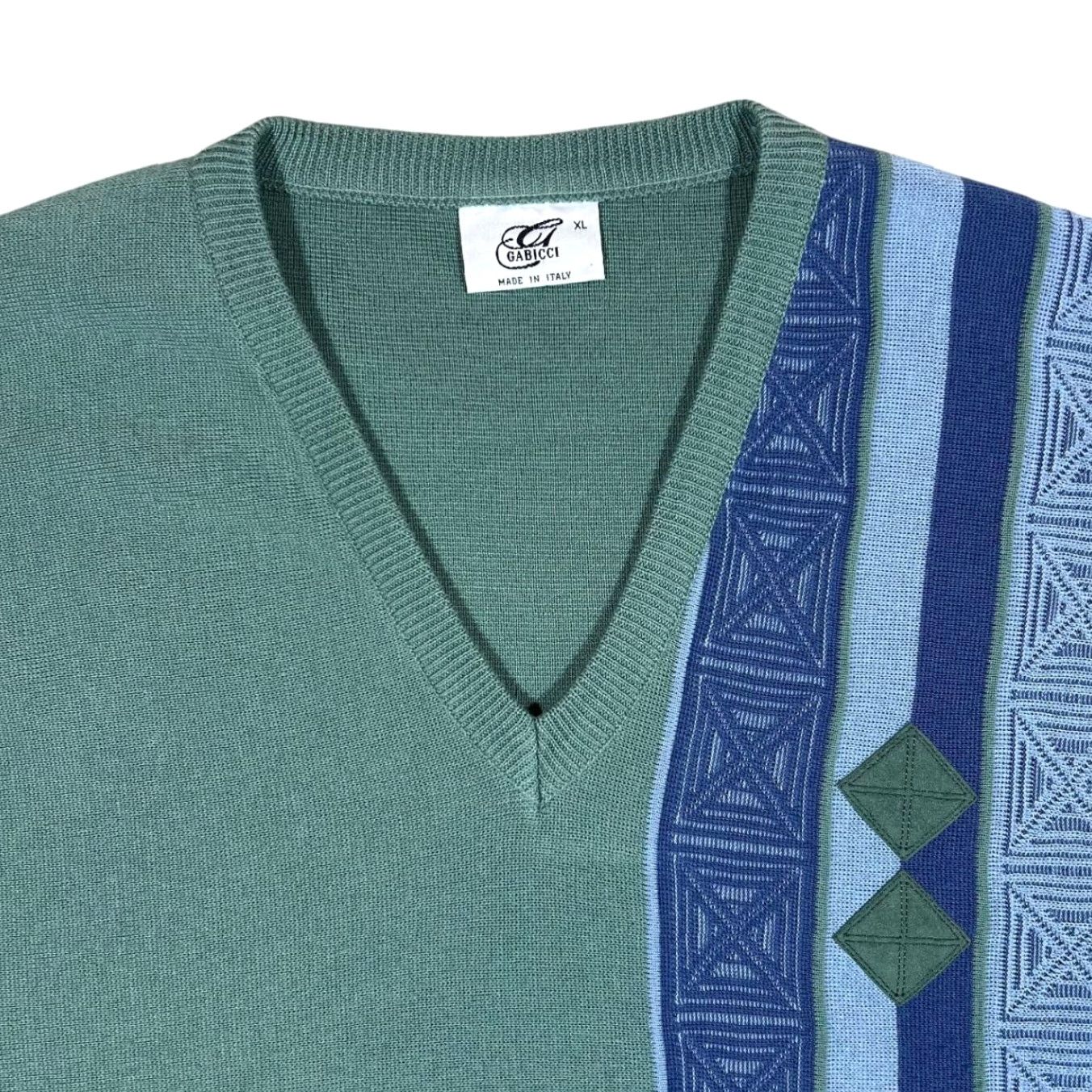 Gabicci VINTAGE Gabicci Grandad Patterned V-Neck Wool Jumper XL Men Dare Green-Blue Knit Pullover 50% Wool 50% Acrylic Size US XL / EU 56 / 4 - 3 Thumbnail