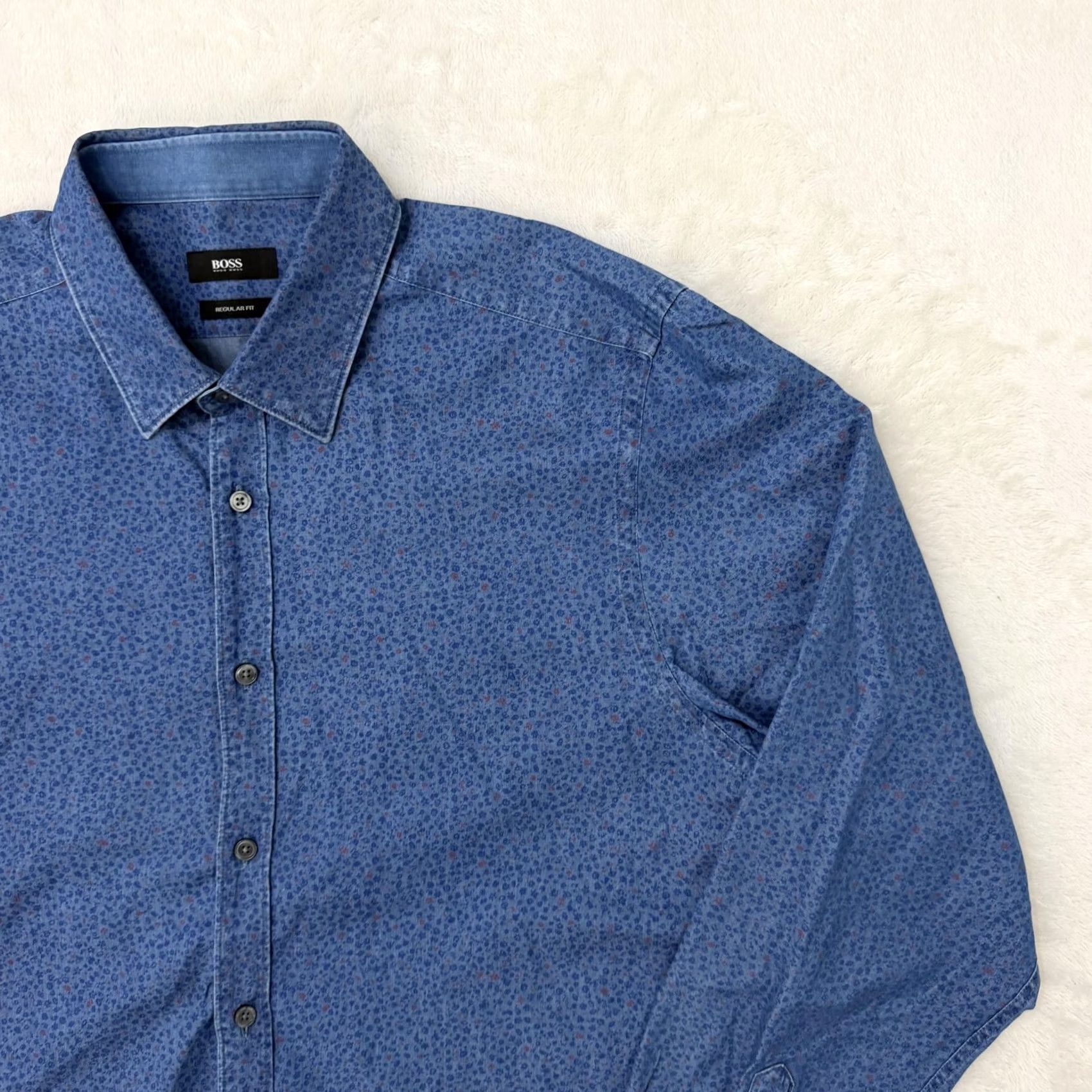 Hugo Boss VINTAGE None Hugo Boss Shirt Mens XL Blue Floral Chambray Regular Fit Button Up Size US XL / EU 56 / 4 - 4 Thumbnail