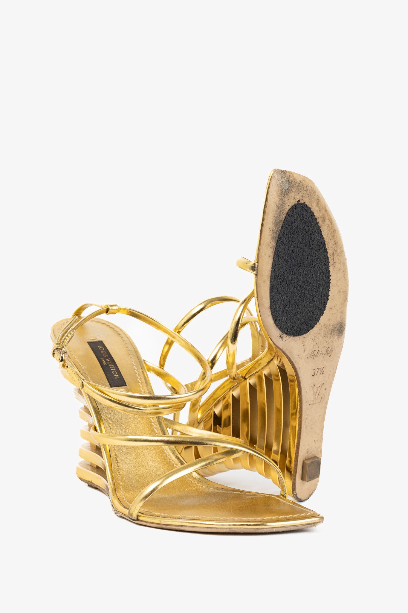 Louis Vuitton Louis Vuitton Lime Wedge Gold Leather Stepped-Heel Sandals Size US 7 / IT 37 - 4 Thumbnail