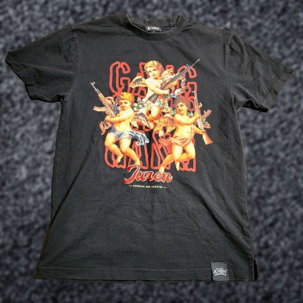 Vintage Mens S Juren Angel's And Guns T Shirt Rap Hip Hop Cherubs Shirt Adult Small Black Cotton Blend Mens T-Shirt Angel Cherubs Hip Hop 90s (if applicable) Size US S / EU 44-46 / 1 - 1 Thumbnail