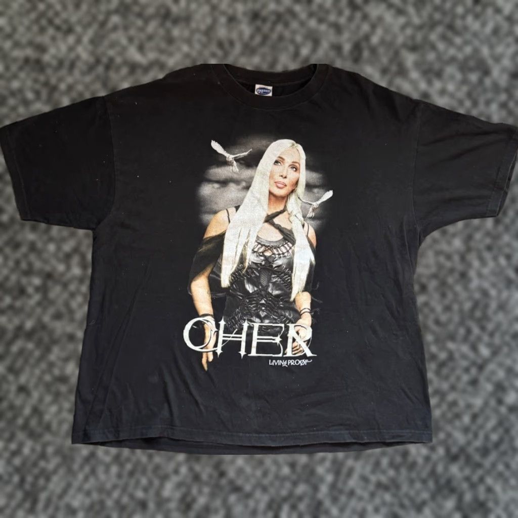 VINTAGE Cher Living Proof Farewell Tour T Shirt 2XL Men Black Cotton Short Sleeve Crew Neck Rock Pop Band Logo Double-Sided 2000s