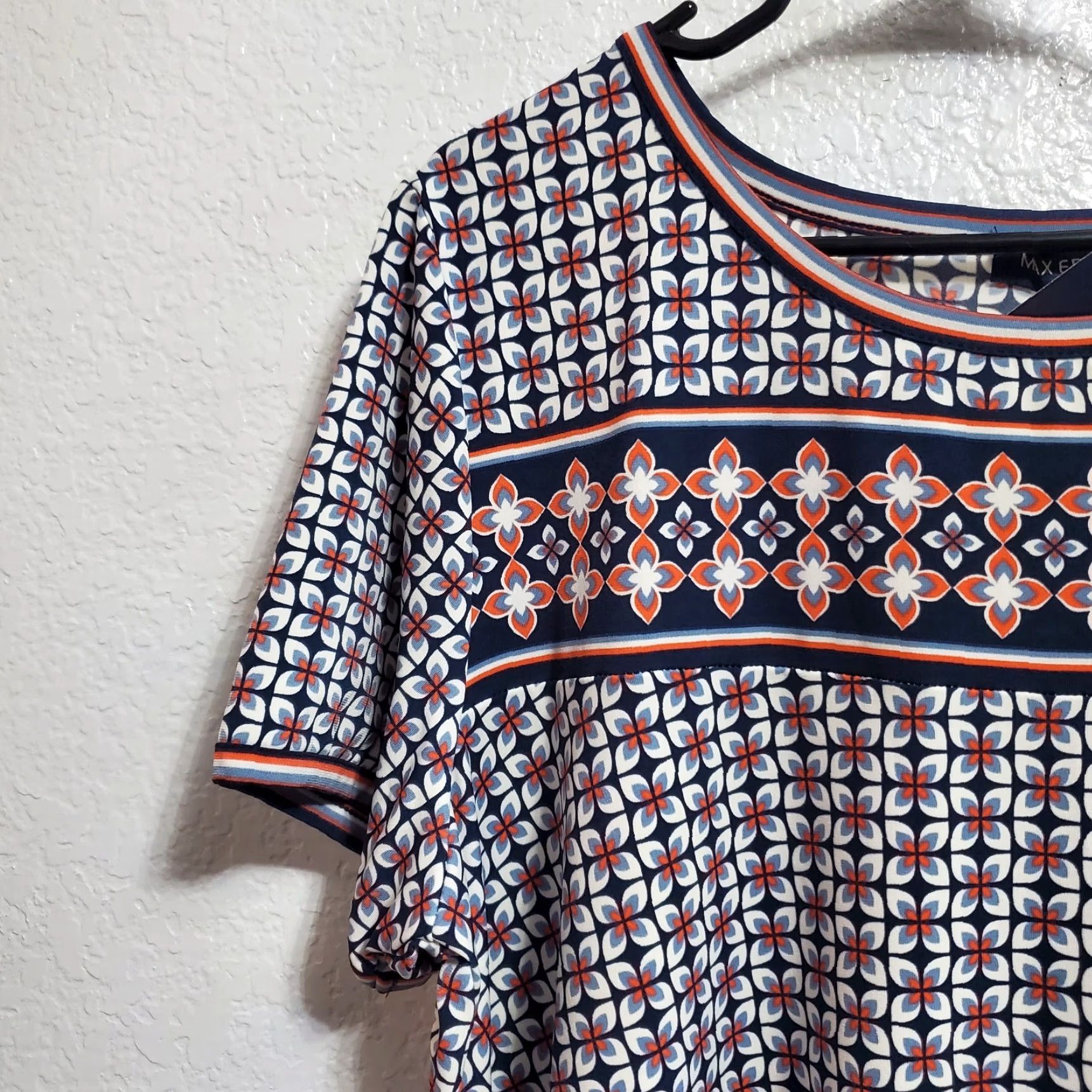 Vintage VINTAGE? No. Max Edition Shift Dress Women 2X Blue Geometric Print Short Sleeve Boho NWT Size 40" / US 18 - 6 Thumbnail