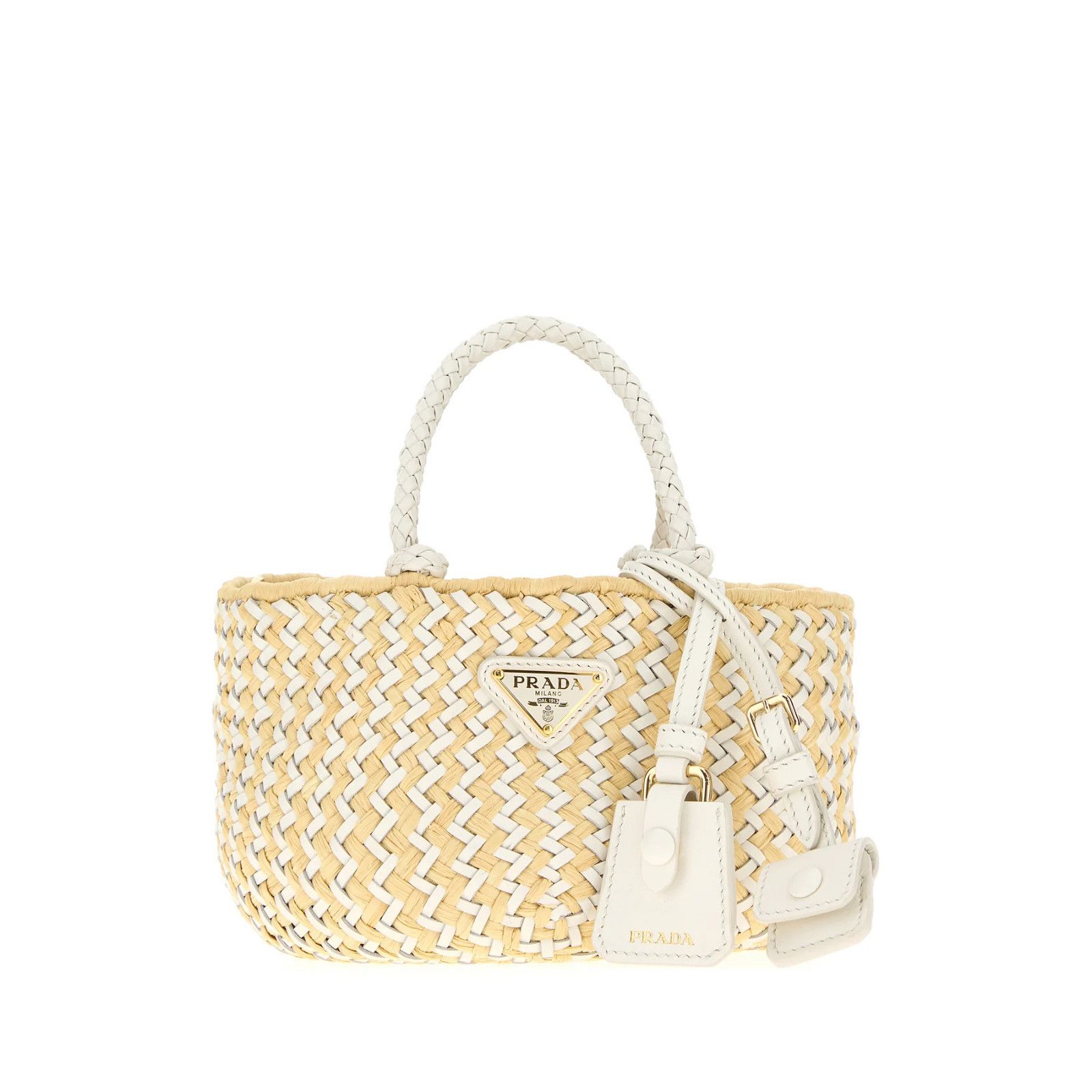 PRADA Basket Beige/White Crochet Top Handle Bag New & Authen
