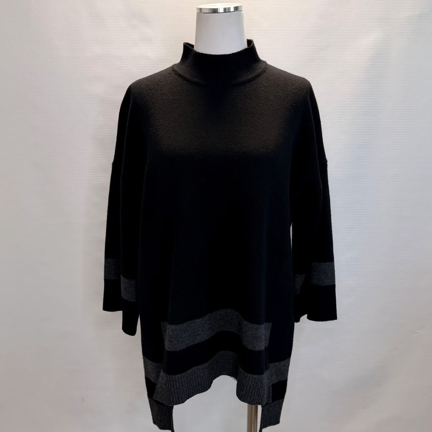 Vintage L.K. Bennett Saphy Sweater Tunic Womens Medium Black Charcoal Stripe Mock Neck 3/4 Sleeve Wool Knit Size M / US 6-8 / IT 42-44 - 2 Thumbnail