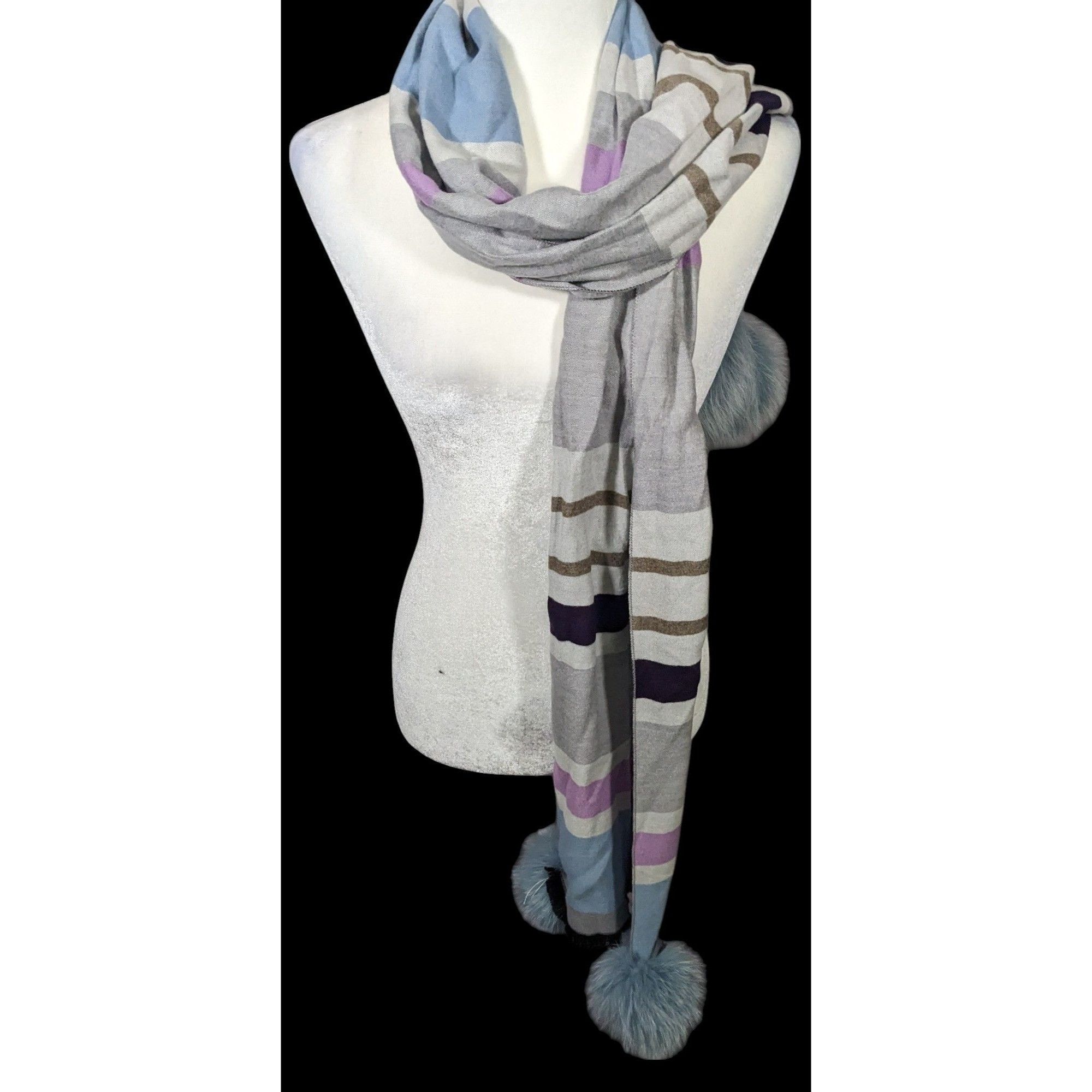 Other Casual Grey Purple And Blue Striped Pompom Scarf Size ONE SIZE - 1 Thumbnail