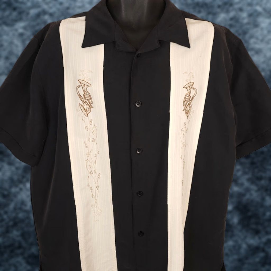 Cubavera Camp Shirt Mens XL Black White Rockabilly Musical Embroidered