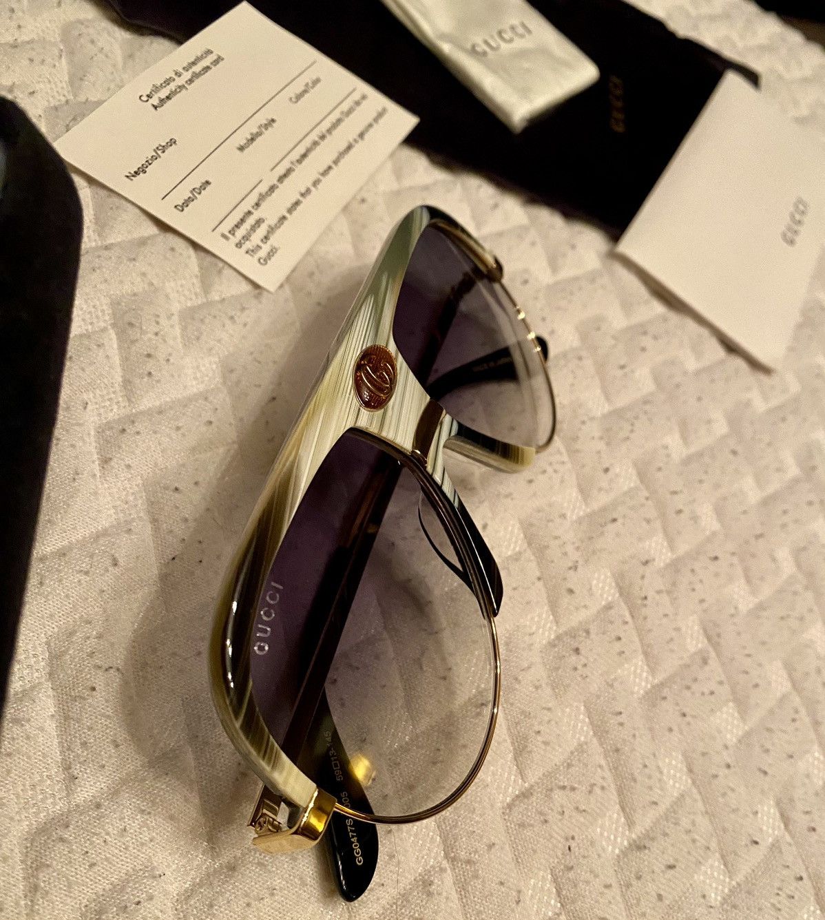 Gucci Gucci 🇯🇵 Grey/Moss Resin Amber GG Inlay Bridge Metal Gold NEW Size ONE SIZE - 5 Thumbnail
