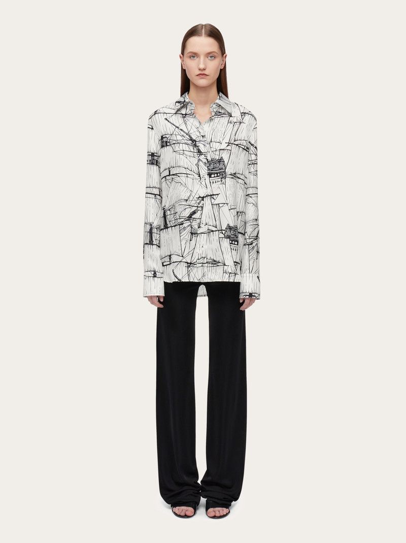 Salvatore Ferragamo o1s1rm0126 Nautical Printed Silk Shirt in White/Black Size M / US 6-8 / IT 42-44 - 6 Thumbnail