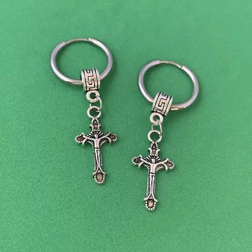 Designer × Jewelry 925 Silver Plated Cross Dangle Drop Earrings for Men Women Size ONE SIZE - 3 Thumbnail
