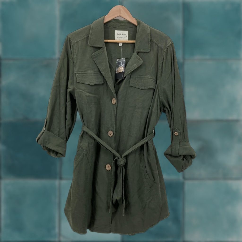 Torrid Torrid Jacket Womens 12 Olive Anorak Linen Blend Belted Utility Roll Tab Jacket Size XL / US 12-14 / IT 48-50 - 1 Thumbnail