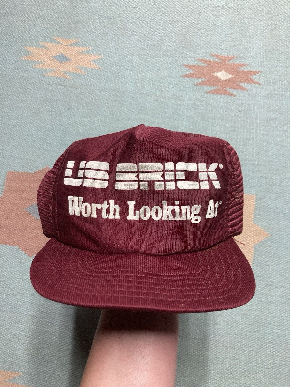 Vintage 80s trucker hat US brick worth looking at puff print maroon Size ONE SIZE - 2 Thumbnail