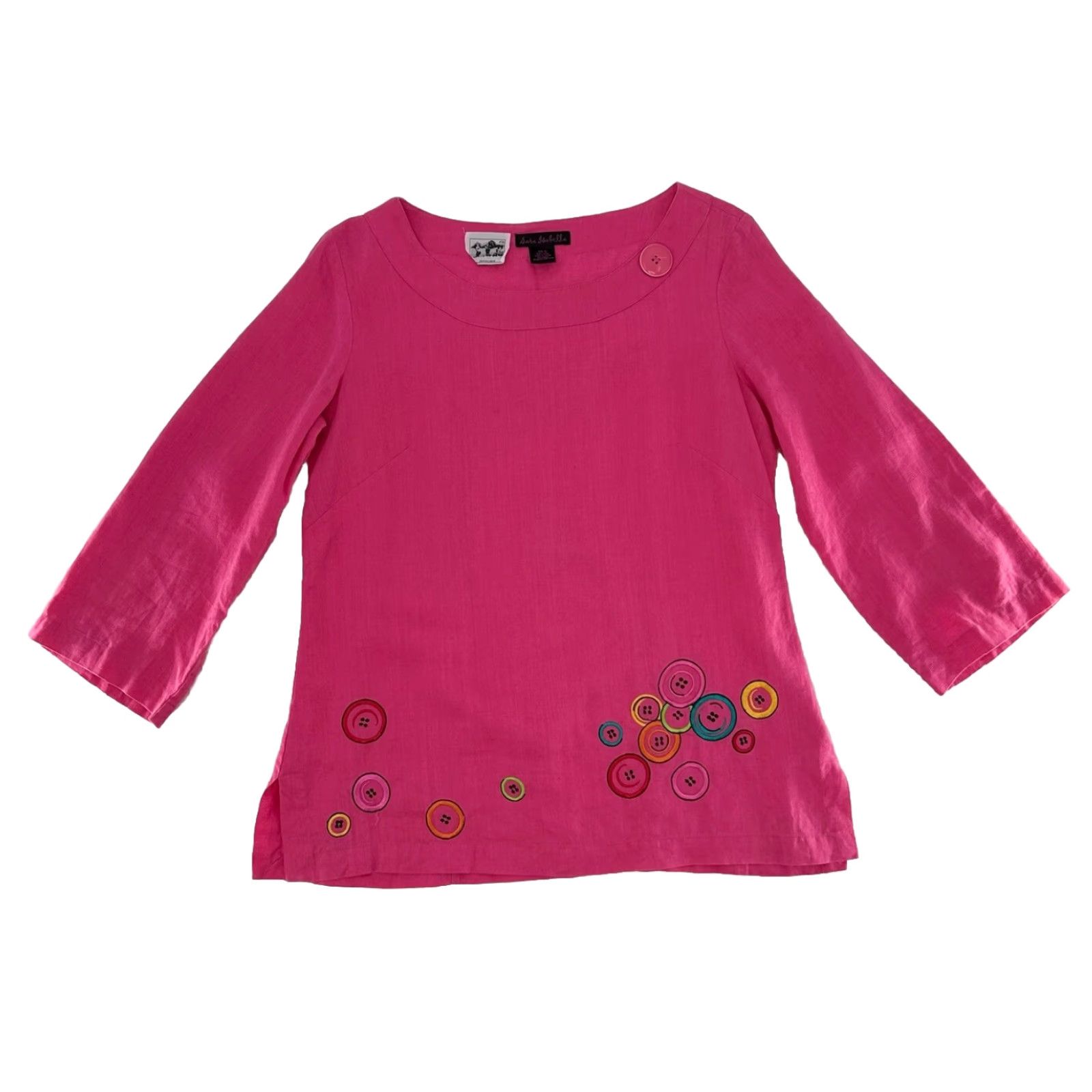 Vintage VINTAGE? No — Sara Isabella Pink Blouse Tunic 100% Irish Linen Embroidered Buttons Scoop Neck Long Sleeve Women's 10 Bohemian Modern Size L / US 10 / IT 46 - 3 Thumbnail