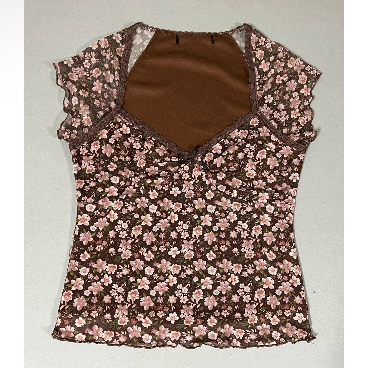 Vintage Brown Pink Floral Lace Bow Tee T-Shirt Top Blouse Size M 🌸✨ Size M / US 6-8 / IT 42-44 - 1 Thumbnail