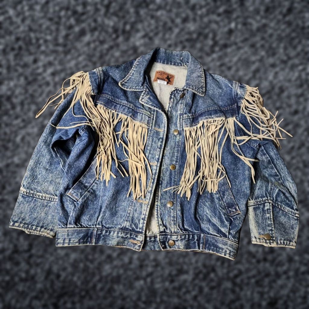 VINTAGE Prezzia Denim Jacket Blue Stonewashed Distressed Fringe 80s Glam Rock Small Womens