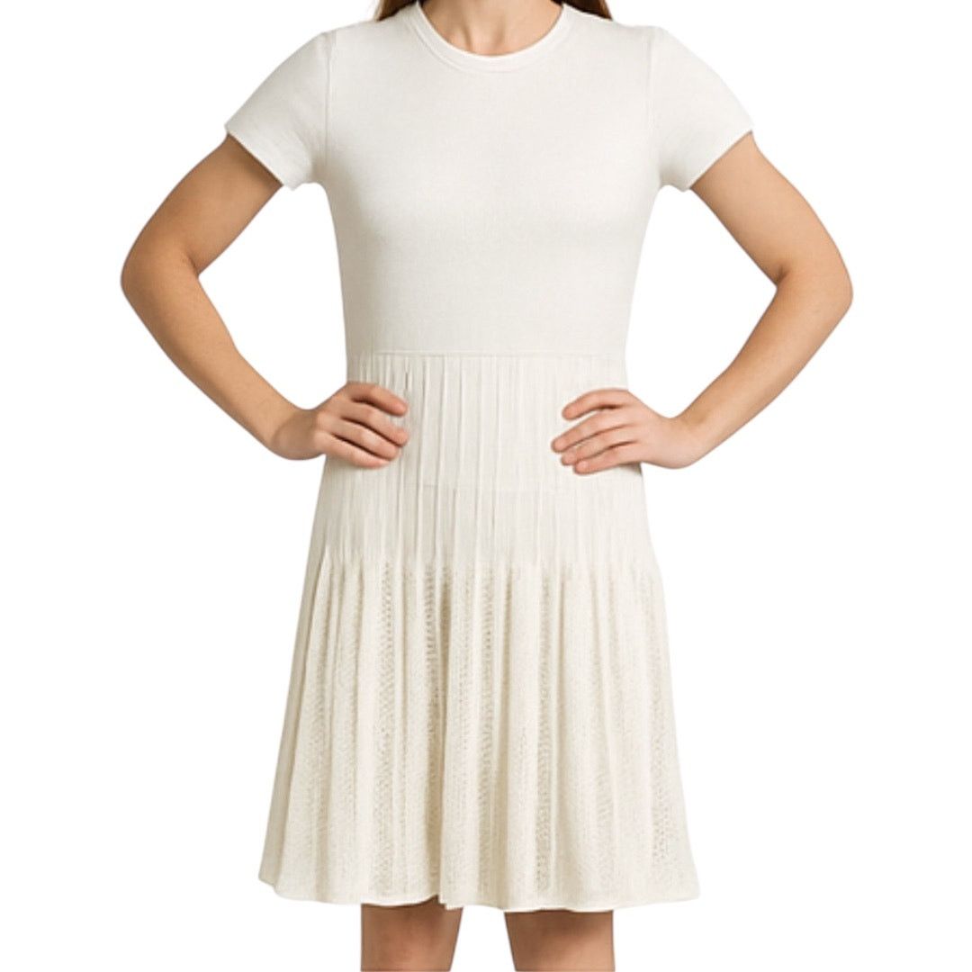 Alaia Fit Flare Dress Pleated Eyelet Crew Silk White 40 L